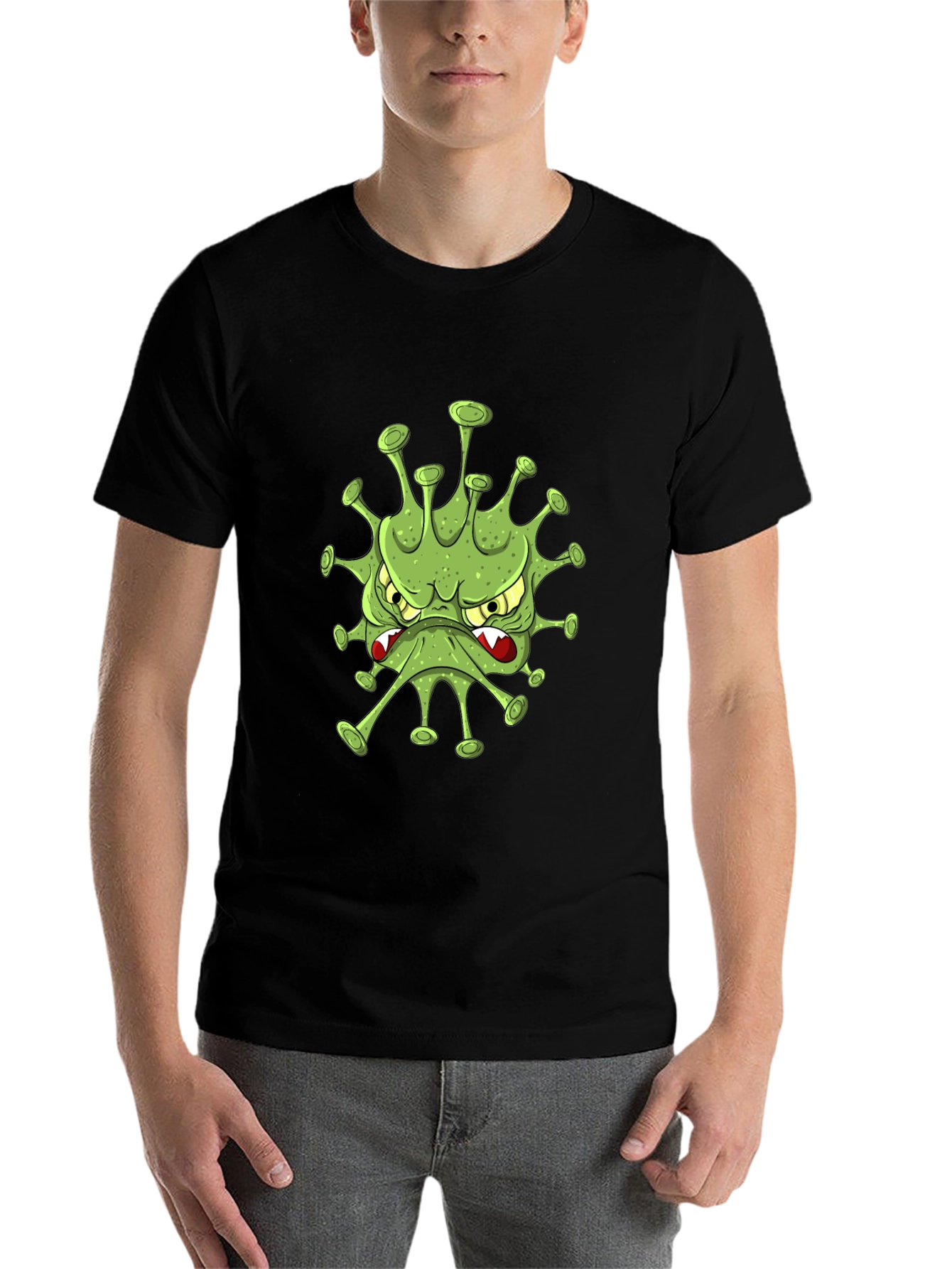 Black Men's Black T-Shirt with Cartoon Virus Design view 7