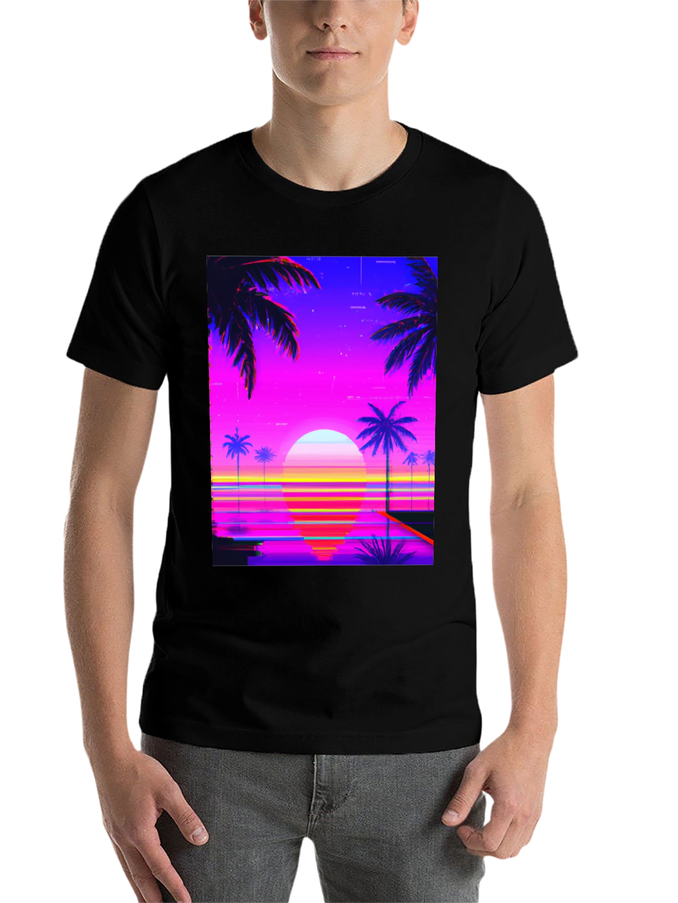 Black Vaporwave Sunset Graphic Tee view 7