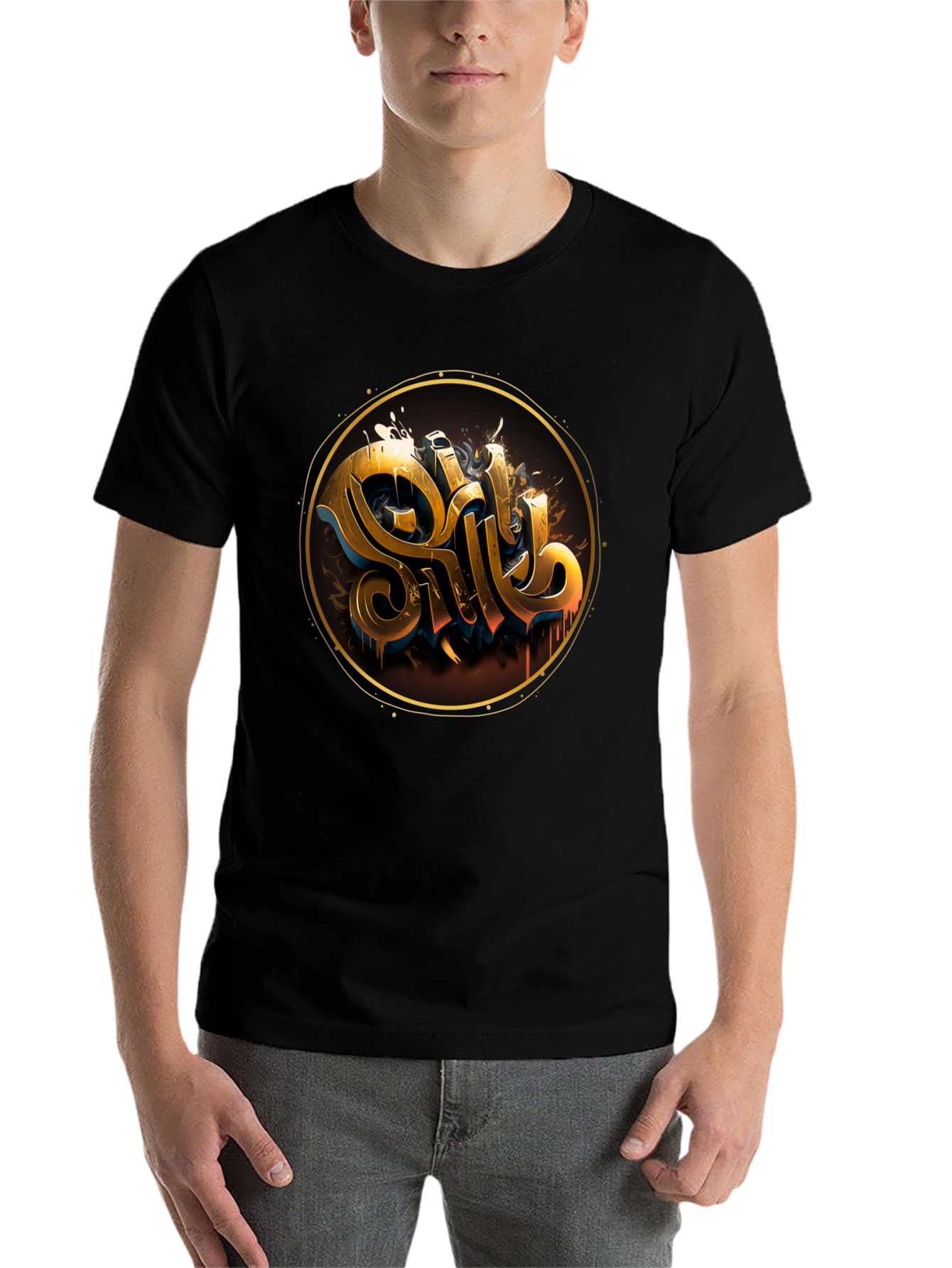 Black Gold Letter Graphic Black Tee - Stylish Casual Wear view 7