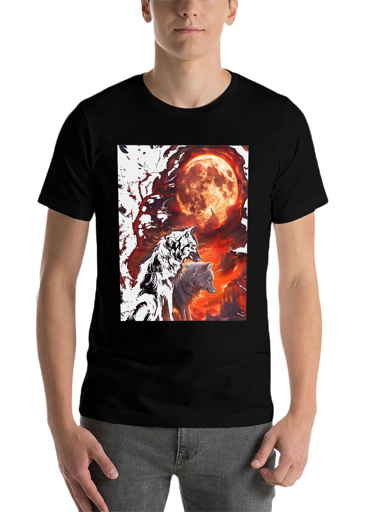 Black Wolf Pack Moon Graphic Tee - Black Cotton view 7