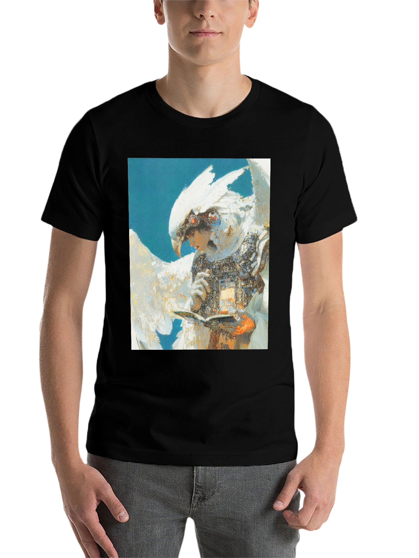 Black Futuristic Bird-Human Hybrid Graphic Tee view 7