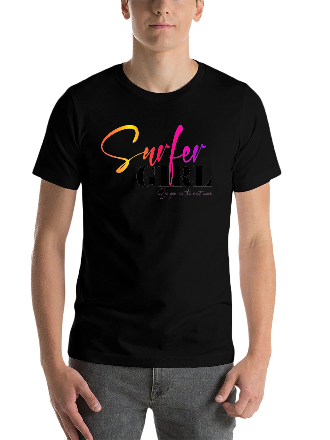 Black Surfer Girl Gradient Text Black T-Shirt view 7