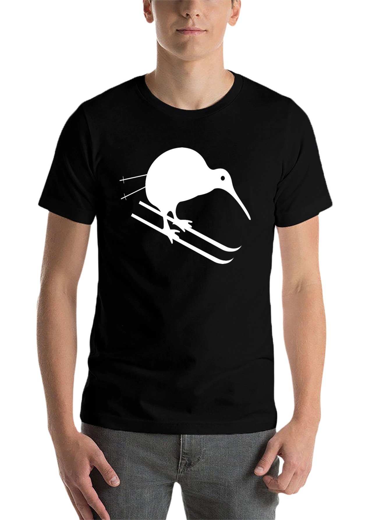 Black Kiwi Bird Skiing T-Shirt - Graphic Tee view 7