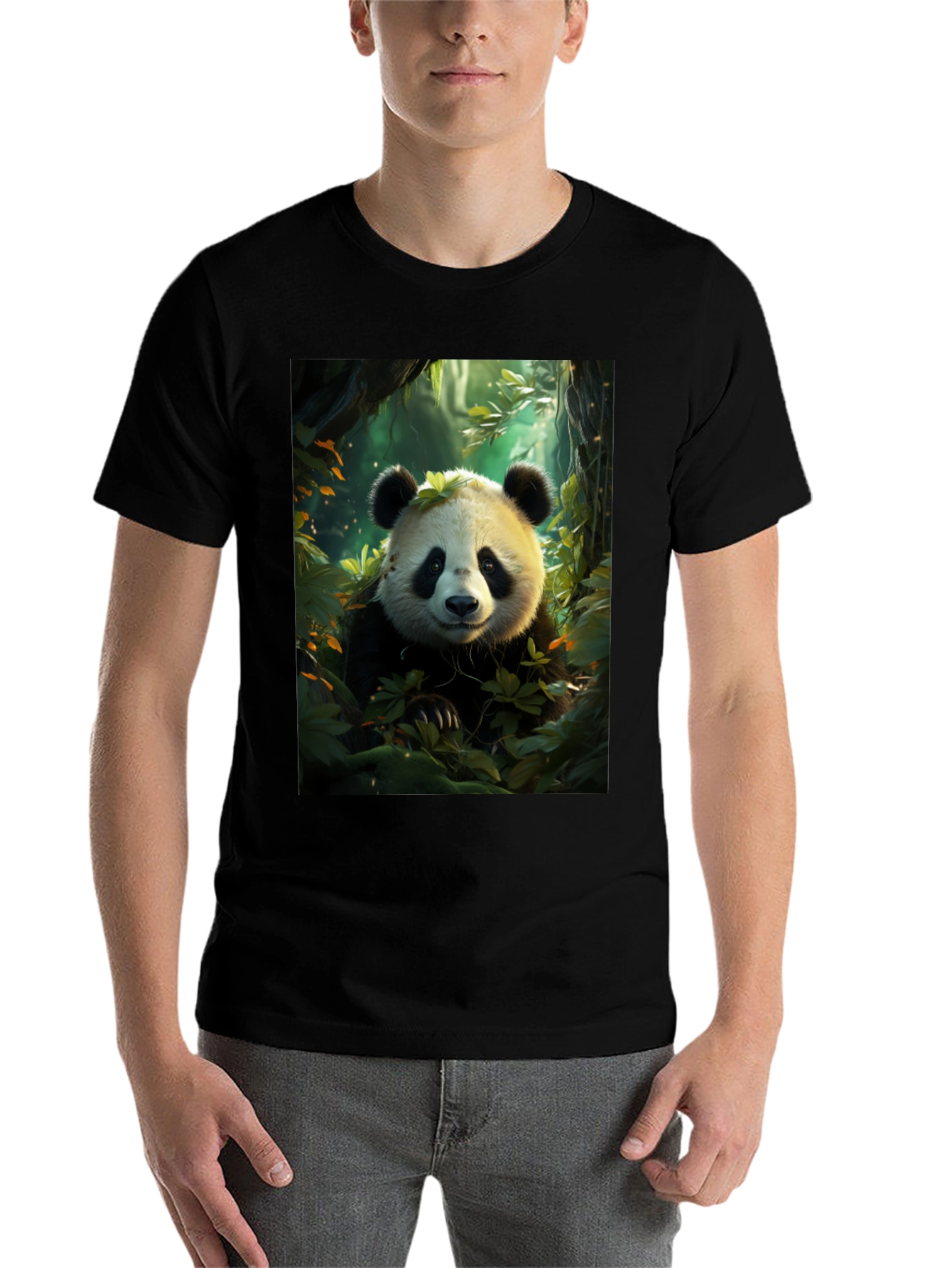 Black Panda in Forest Black T-Shirt view 7