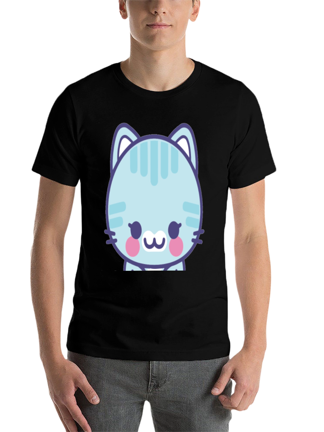 Black Cute Cartoon Cat Graphic T-Shirt - Black view 7