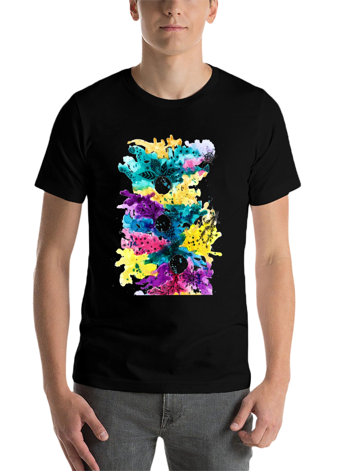 Black Abstract Watercolor Print Black T-Shirt view 7