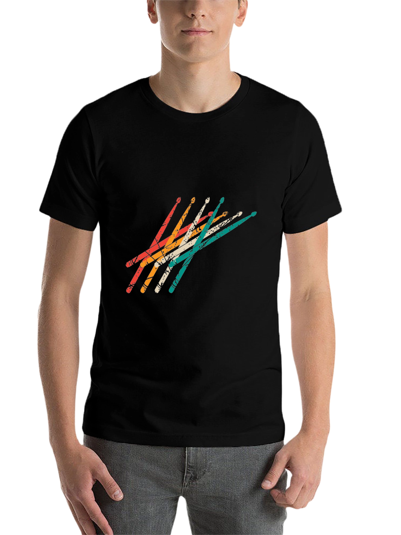 Black Retro Drumsticks Graphic Tee - Black Casual T-Shirt view 7