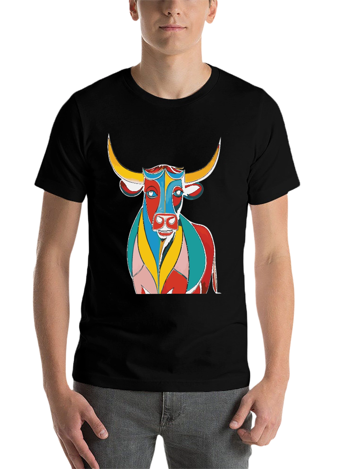 Black Colorful Bull Graphic Print Black T-Shirt view 7