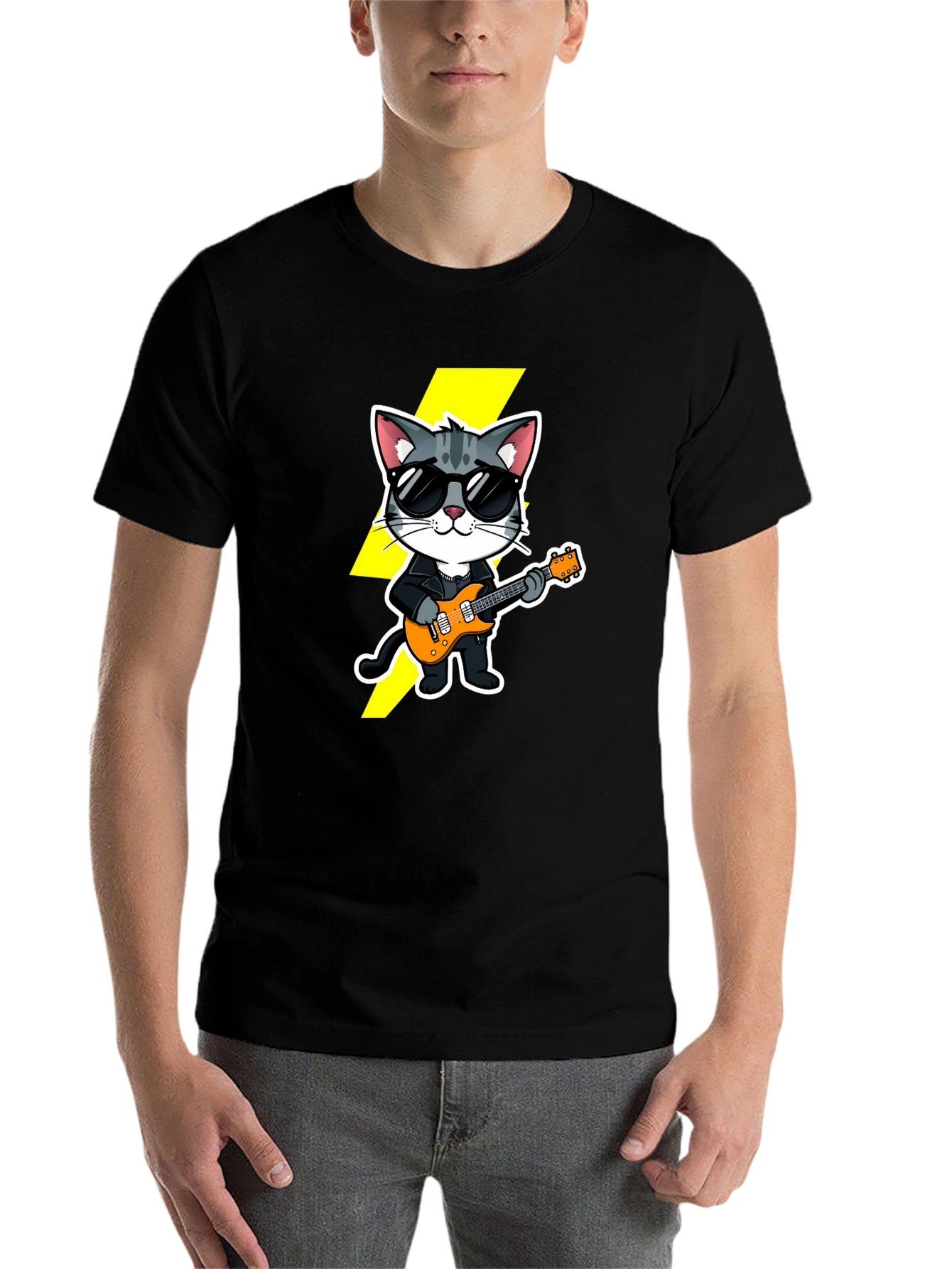 Black Cool Cat Guitarist Black T-Shirt view 7