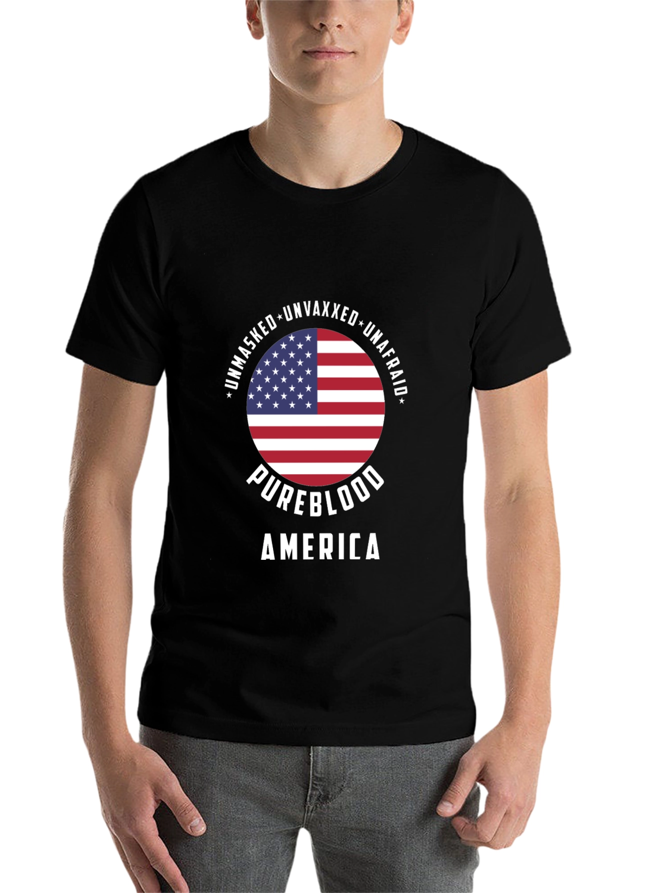 Black Unmasked Unvaxxed Pureblood America T-Shirt view 7