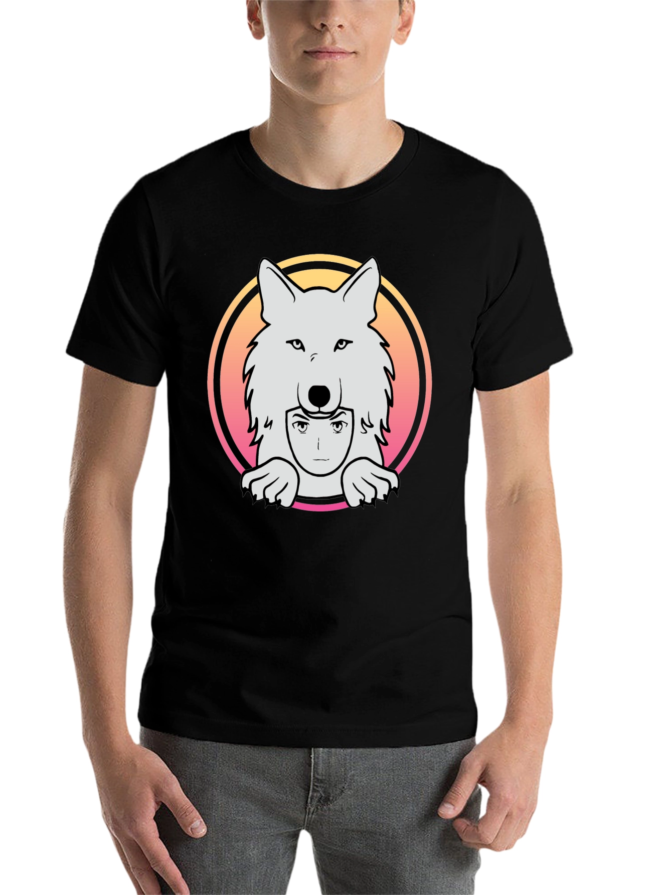 Black Anime Wolf Graphic Tee - Black Cotton T-Shirt view 7