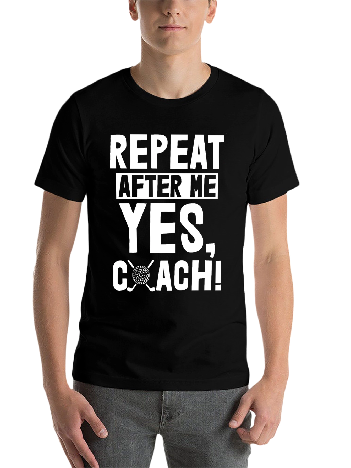 Black Repeat After Me Yes, Coach! Golf T-Shirt view 7