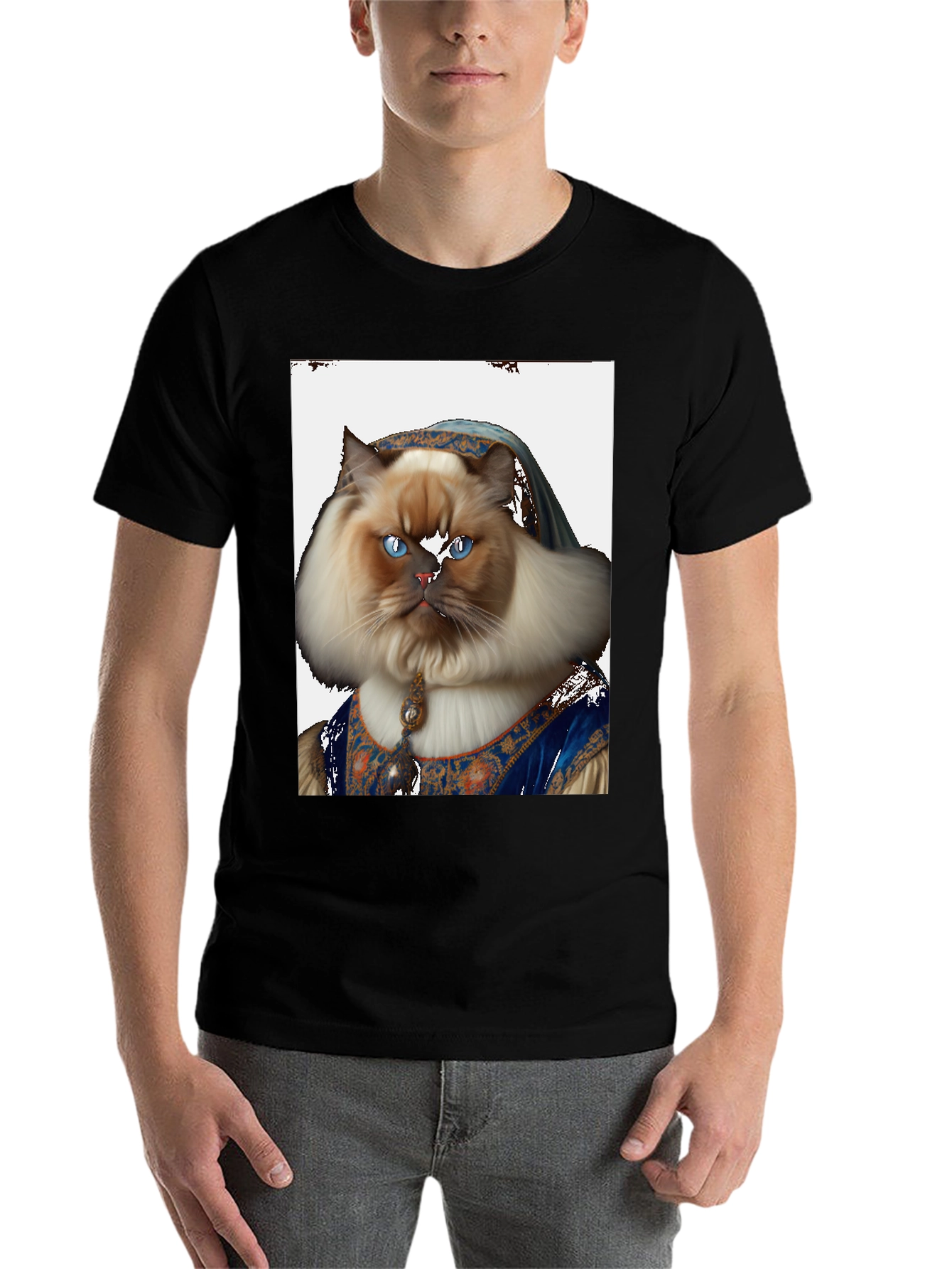 Black Renaissance Cat Portrait T-Shirt - Black view 7