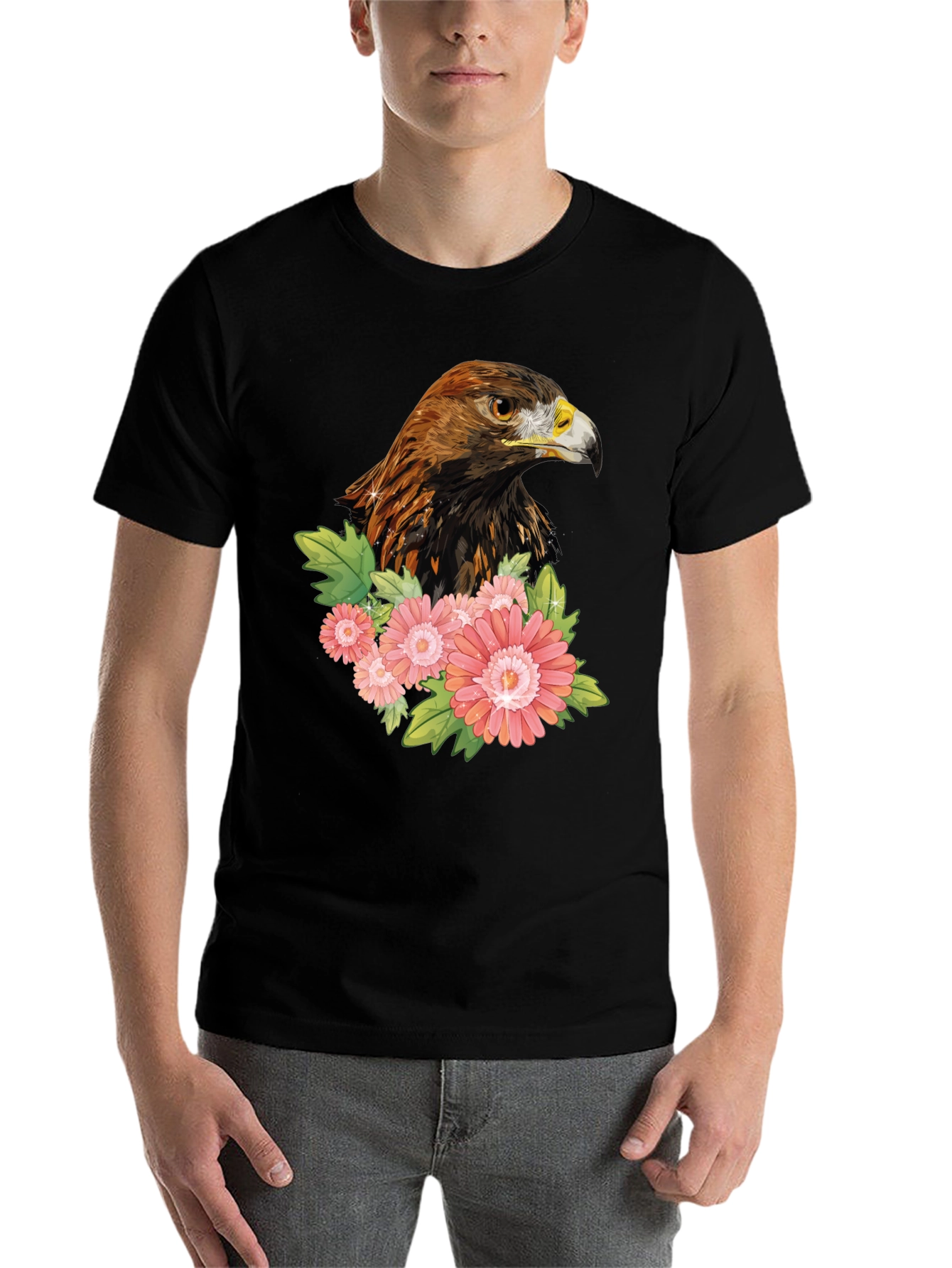 Black Eagle & Flowers Graphic T-Shirt - Men's Black Tee view 7