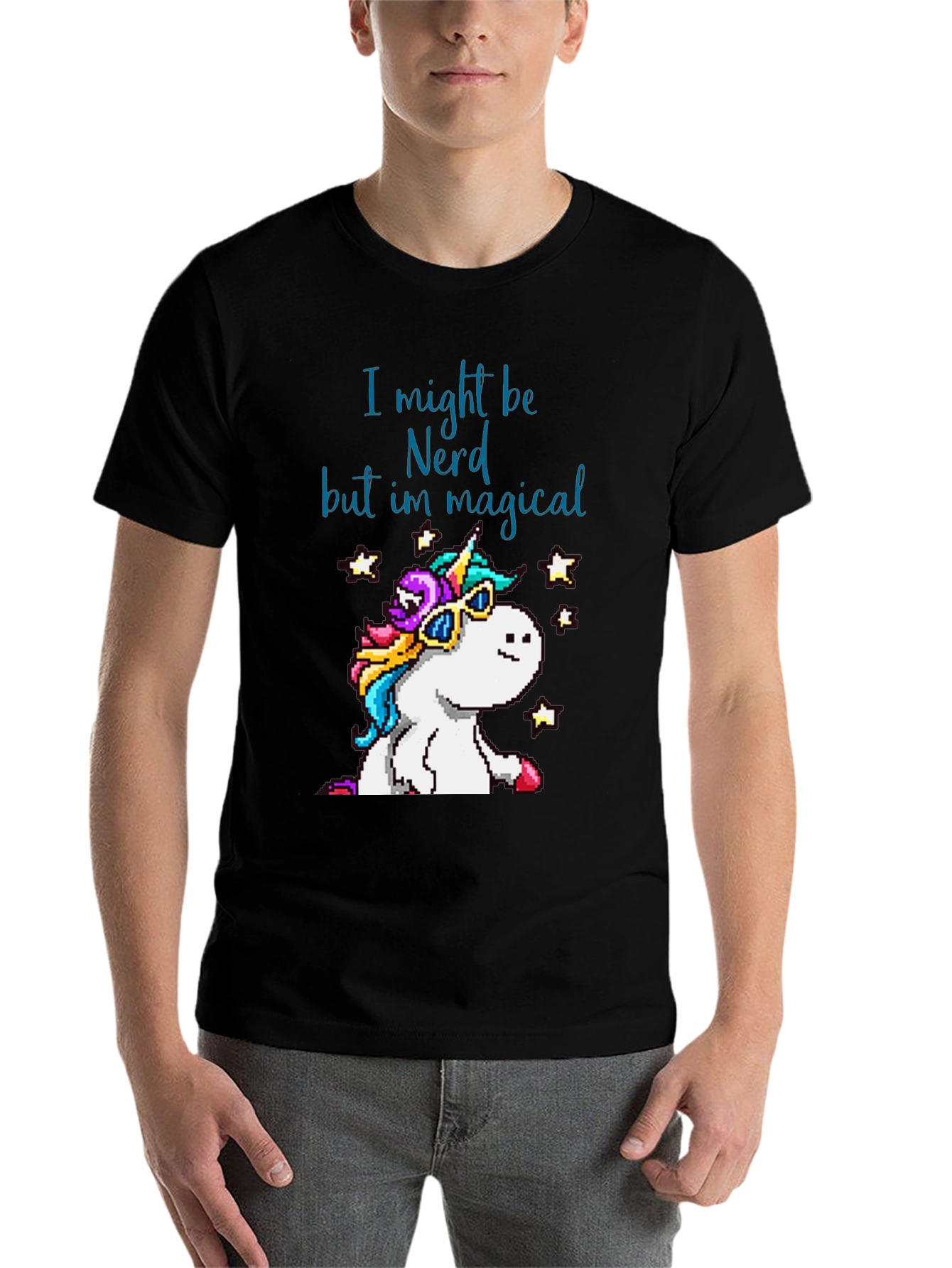 Black Nerd Magical Unicorn T-Shirt - Pixel Art Style view 7