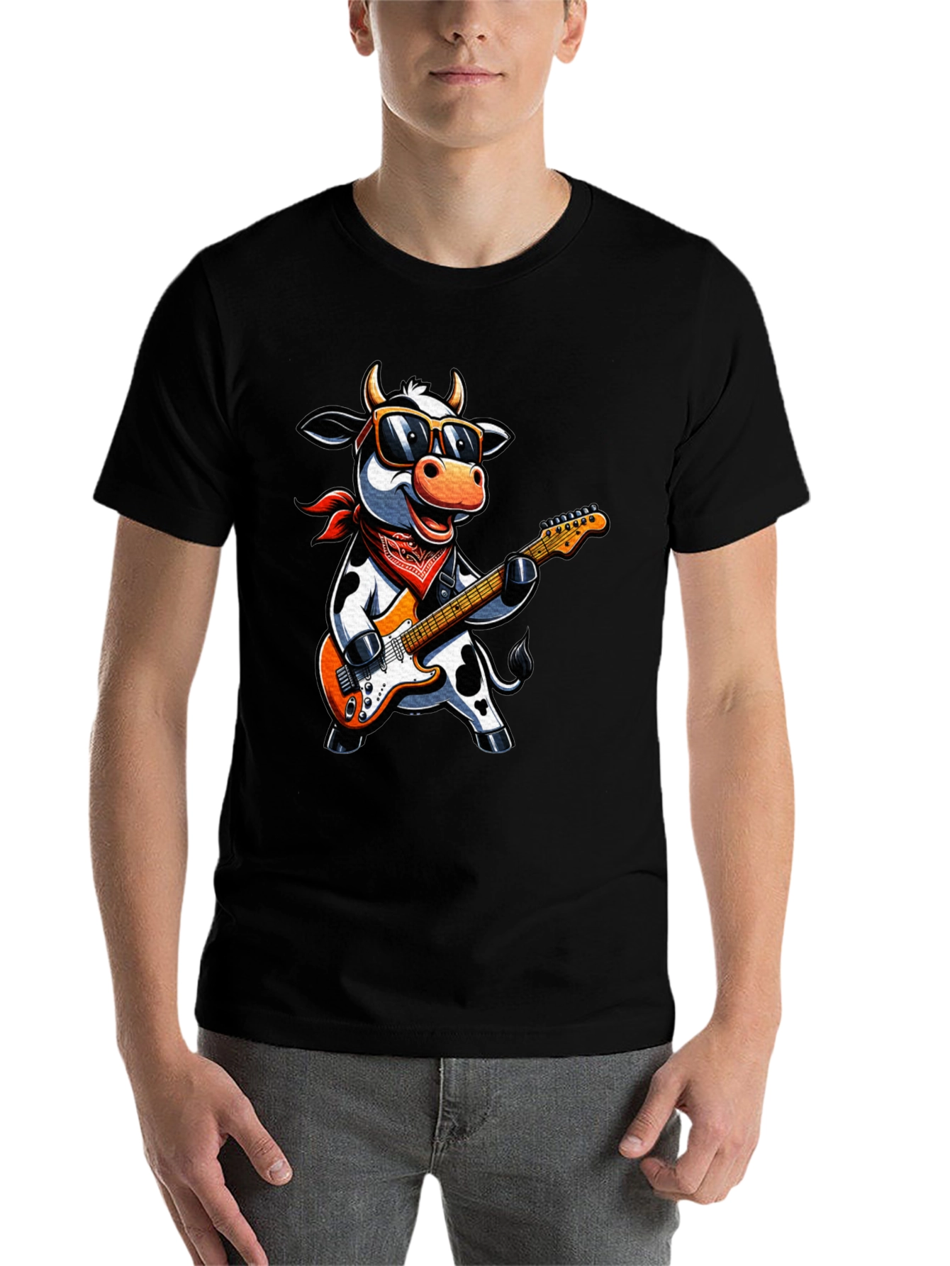 Black Cool Cow Guitarist Graphic Tee - Rock On! view 7