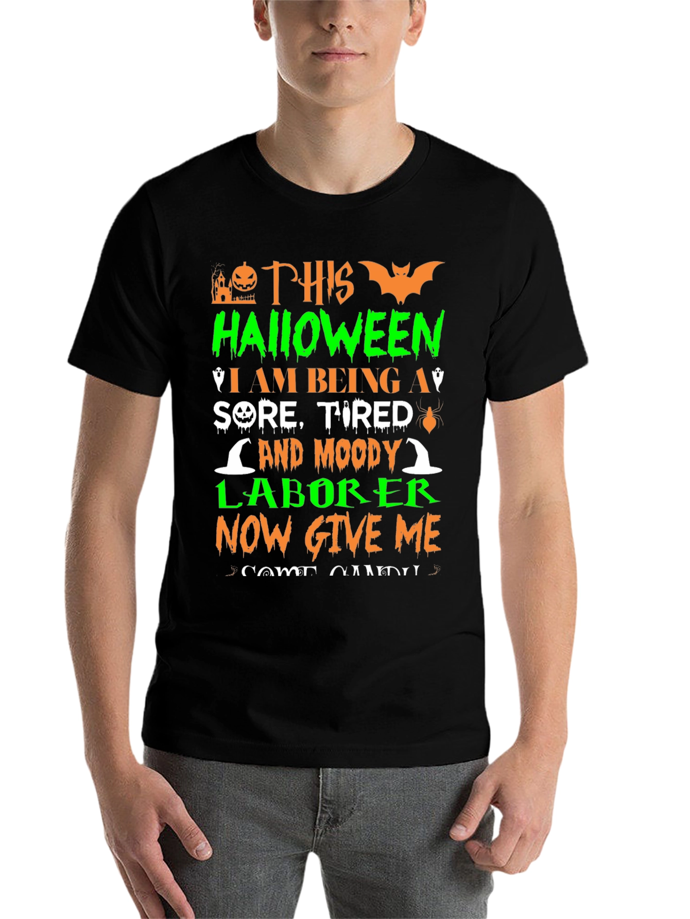 Black Halloween Sore Tired Moody Laborer T-Shirt view 7
