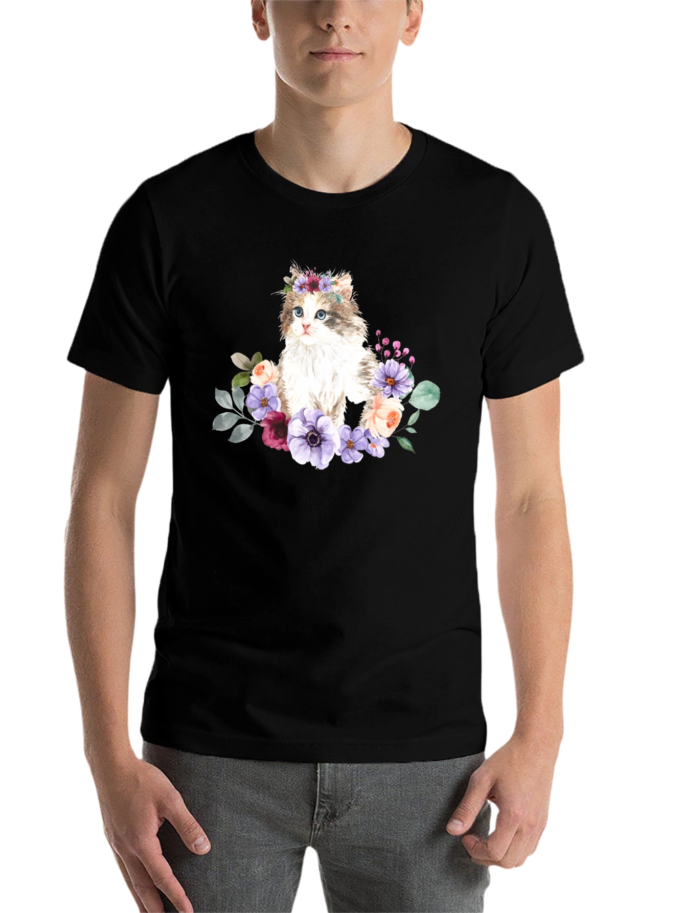 Black Floral Cat Graphic T-Shirt - Black view 7