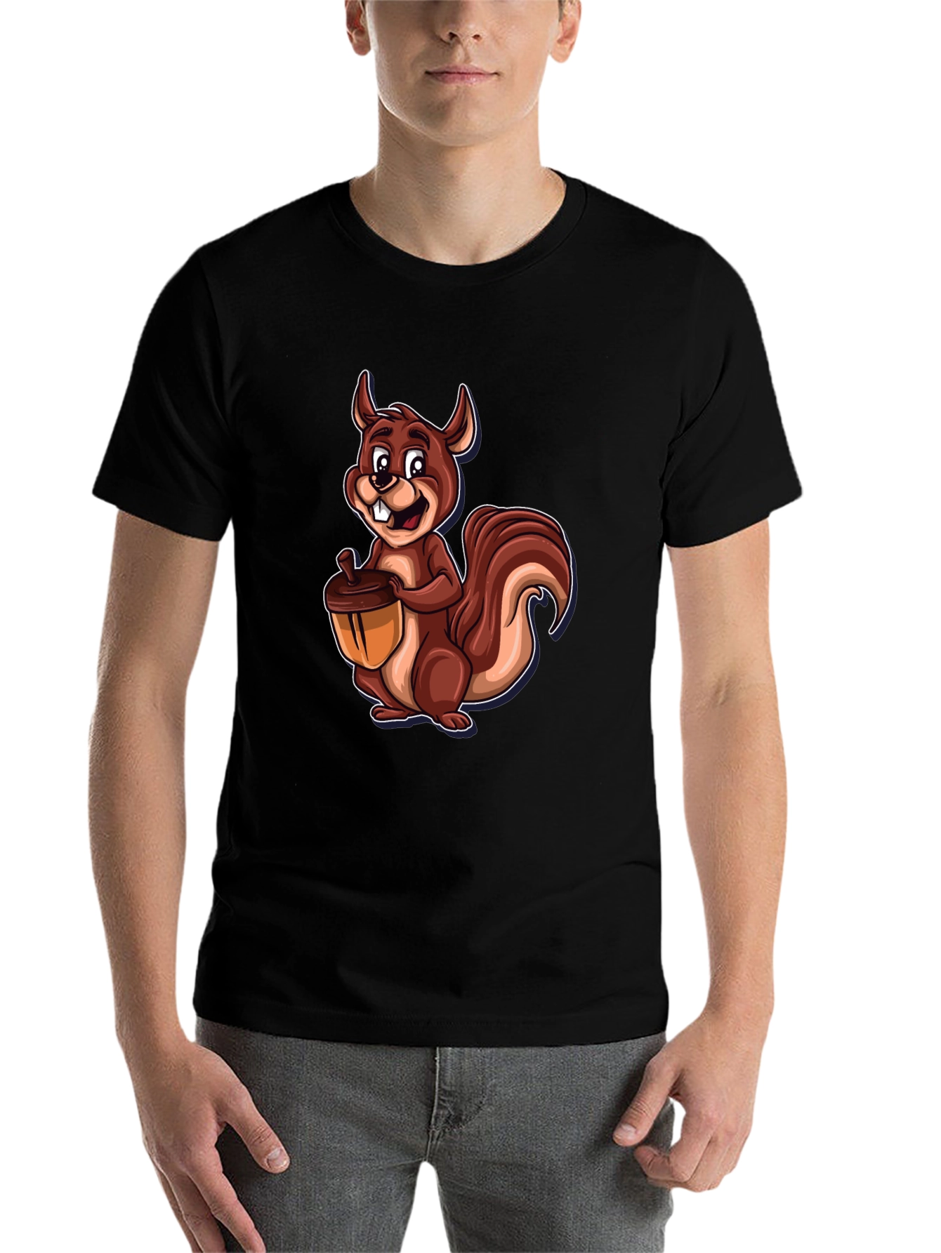 Black Squirrel Holding Acorn Graphic Tee - Black Cotton Shirt view 7