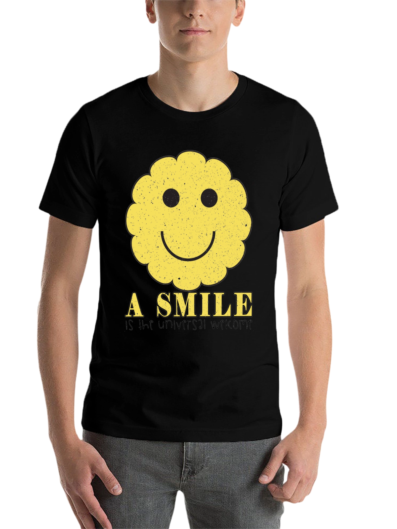 Black Smiley Face Graphic Tee - Universal Welcome T-Shirt view 7