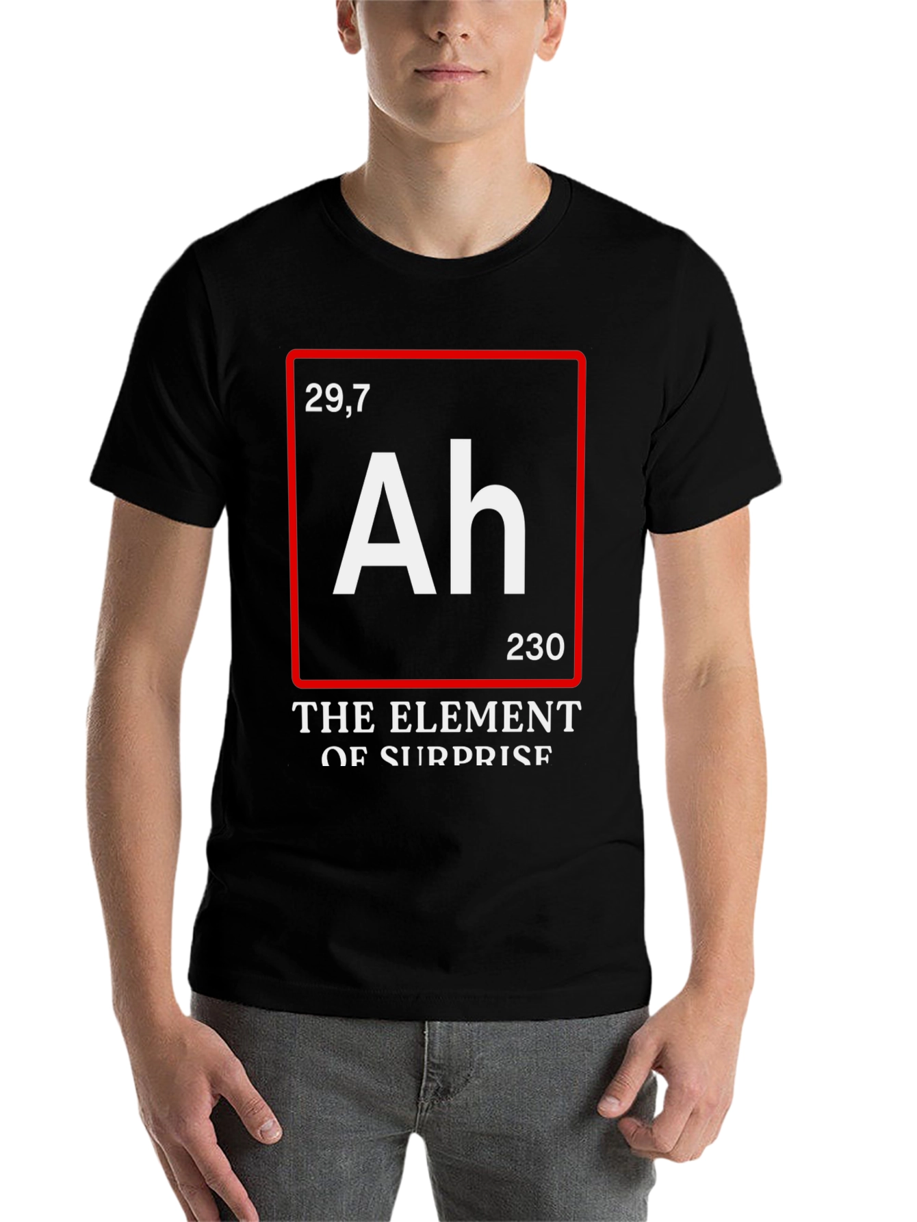 Black Funny Science T-Shirt: Element of Surprise (Ah) view 7