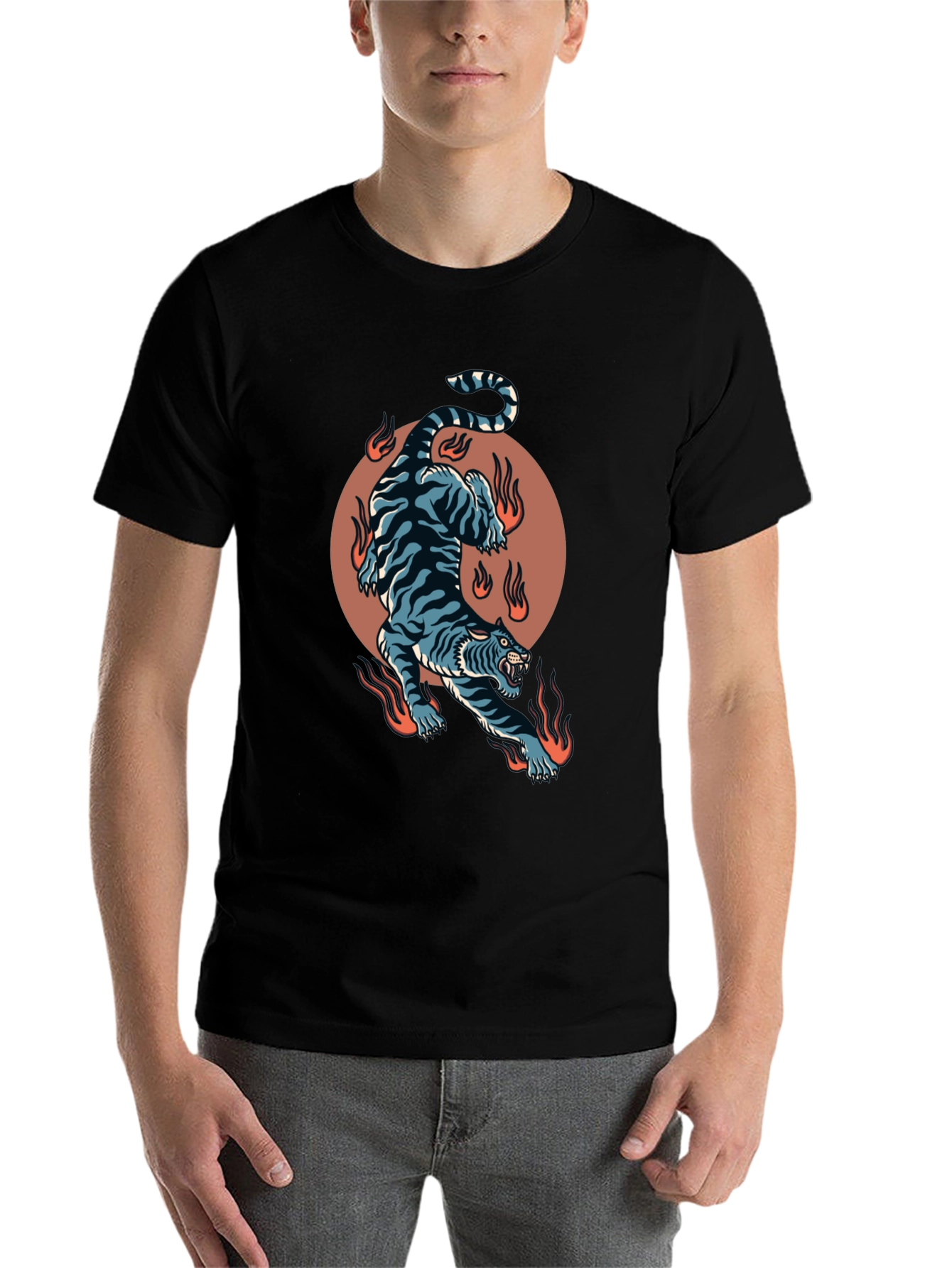 Black Fiery Tiger Graphic Tee - Bold Black T-Shirt view 7