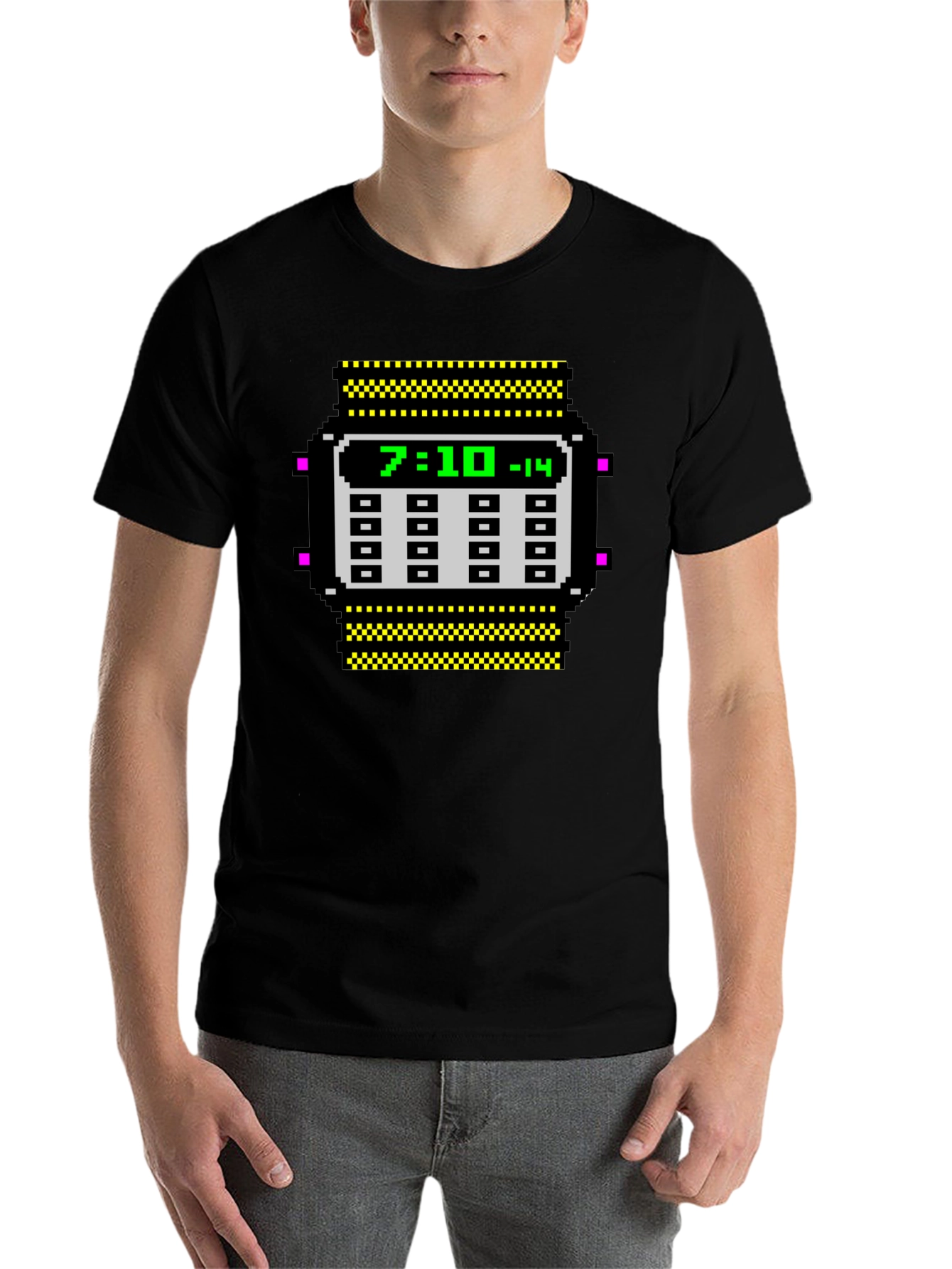 Black Retro Pixel Watch T-Shirt - Geeky Timepiece Design view 7