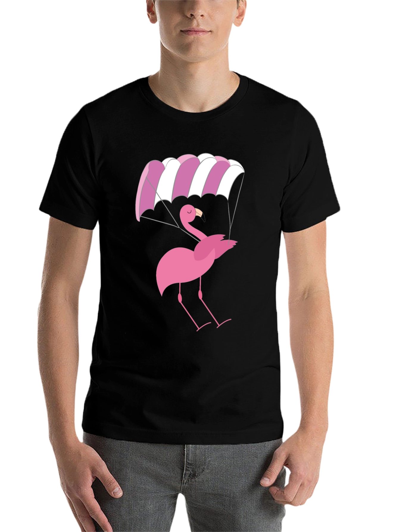 Black Pink Flamingo Parachute Black T-Shirt view 7