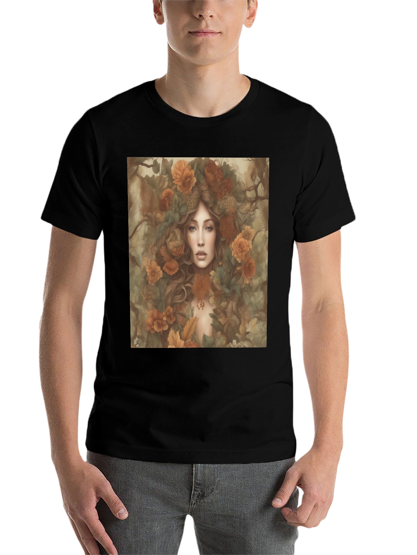 Black Floral Fantasy T-Shirt: Woman with Autumn Flowers view 7