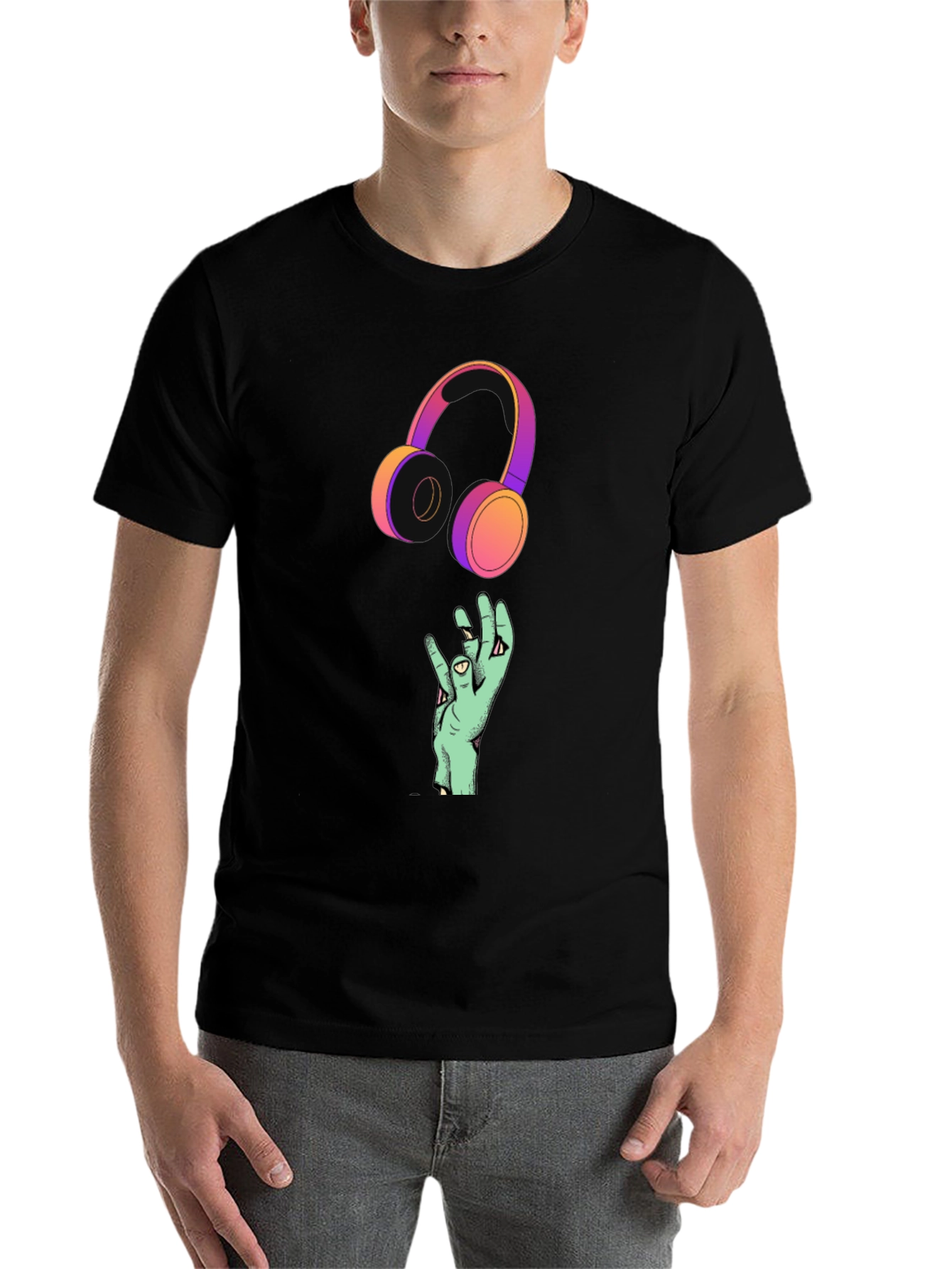 Black Cool Graphic T-Shirt with Headphones and Hand Design view 7