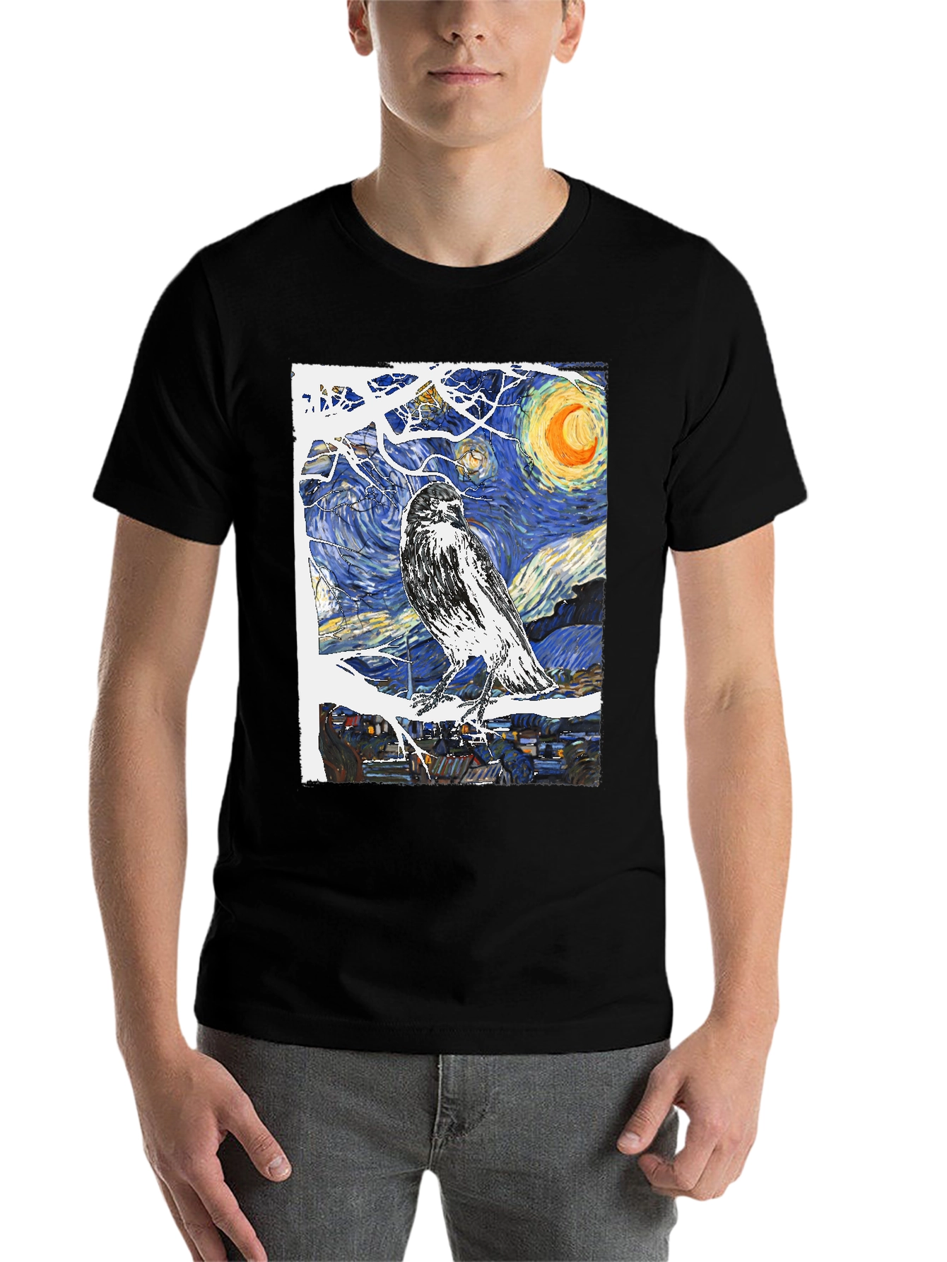Black Starry Night Raven T-Shirt Art Tee view 7