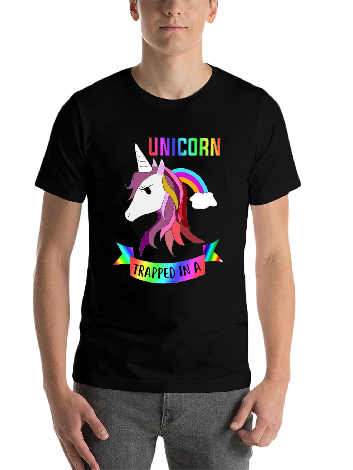 Black Unicorn Trapped in a Rainbow Graphic Tee view 7