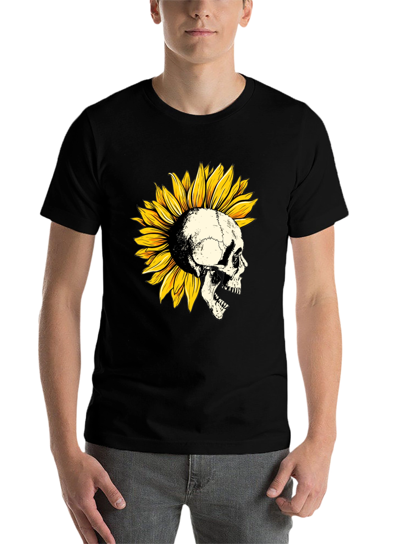 Black Skull Sunflower Graphic T-Shirt - Unique Design view 7