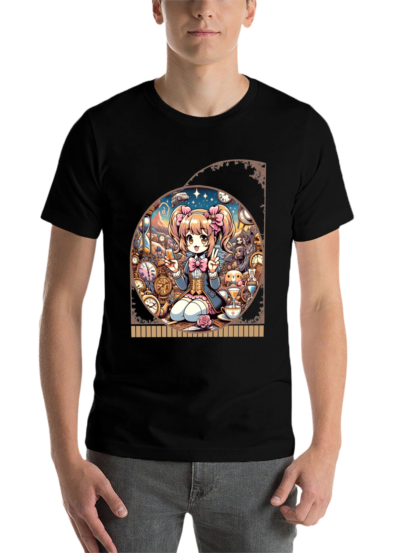 Black Anime Girl Time Travel Graphic Tee - Unique Design view 7