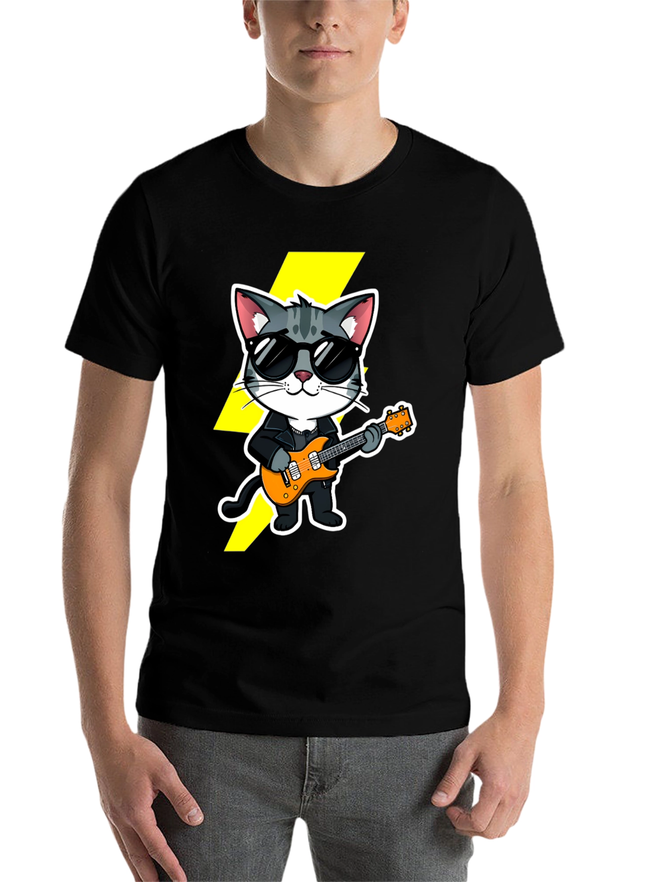 Black Rockstar Cat T-Shirt - Cool Cat with Guitar view 7