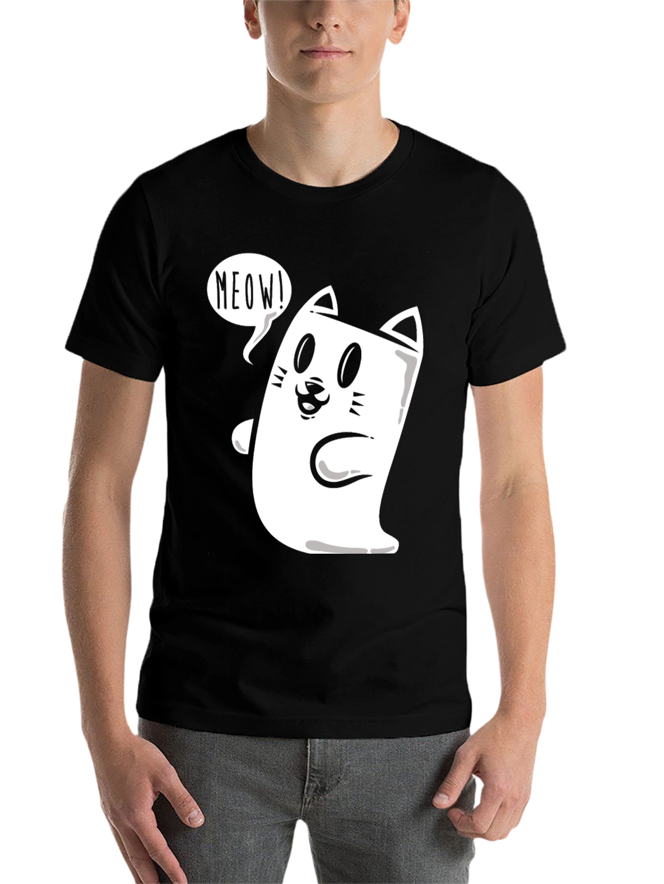 Black Meow Cat Graphic Tee - Funny Cartoon T-Shirt view 7