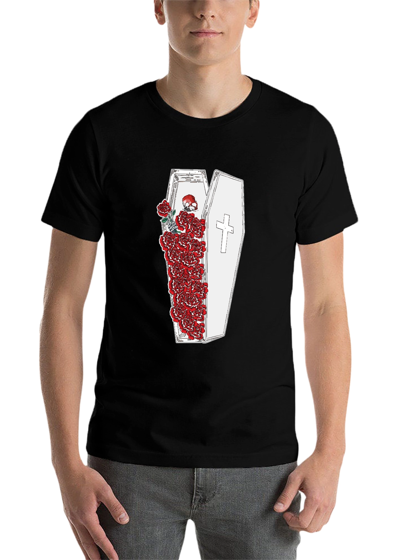 Black Gothic Coffin and Roses Graphic T-Shirt view 7