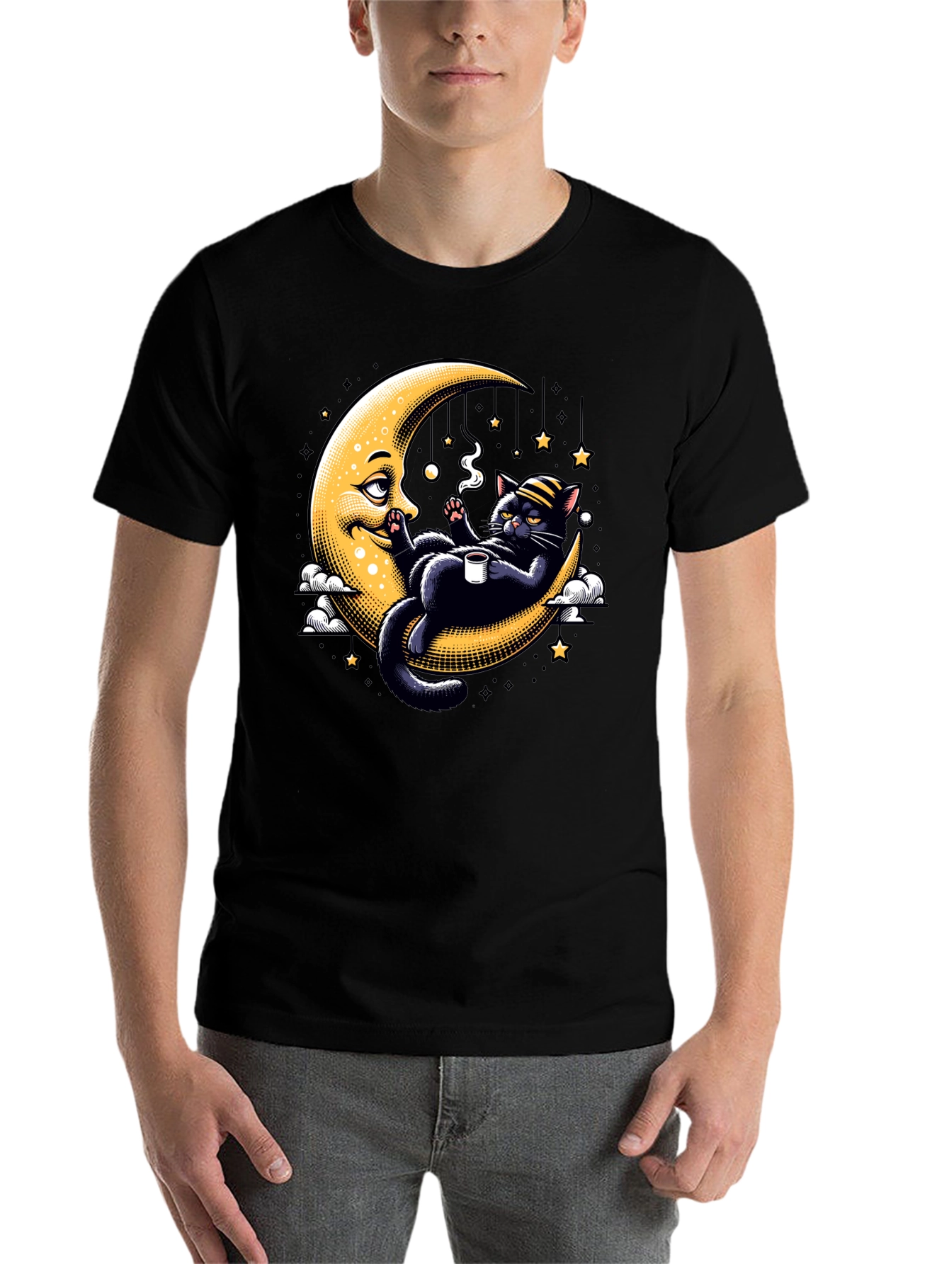 Black Cool Cat on Moon T-Shirt view 7
