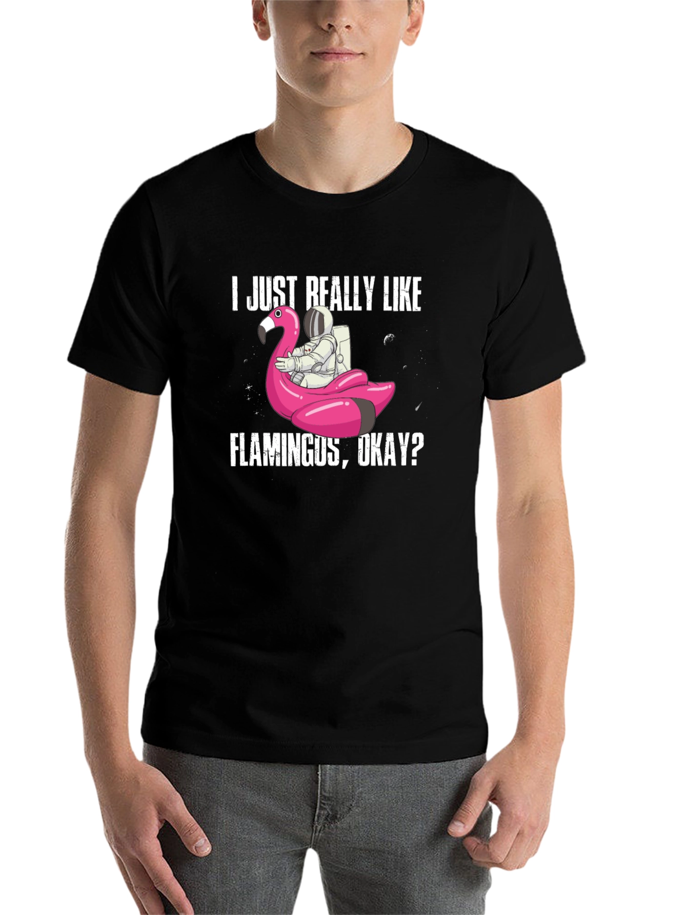 Black Flamingo Astronaut T-Shirt - I Just Really Like Flamingus view 7