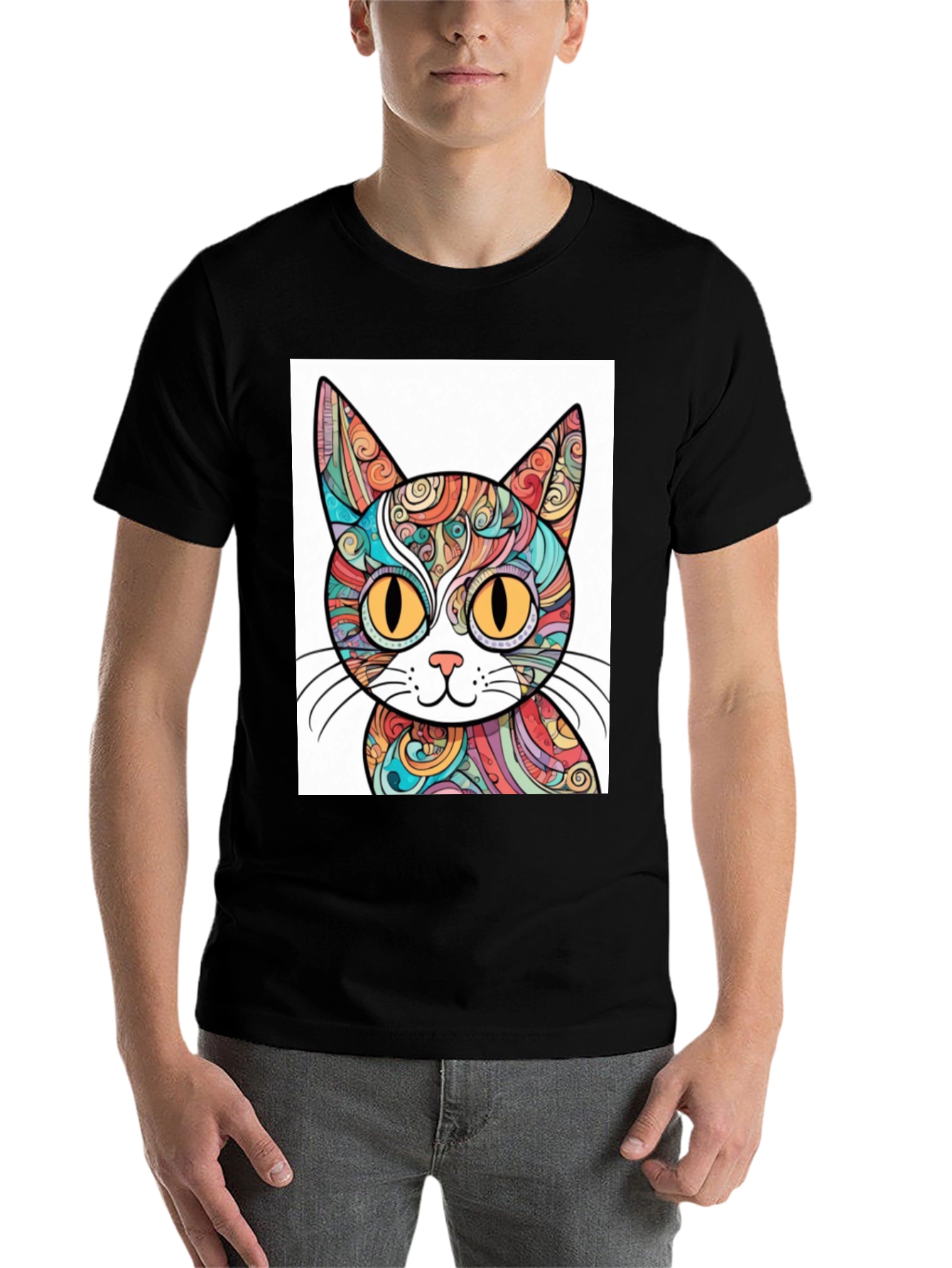 Black Colorful Cat Graphic T-Shirt - Unique Design view 7