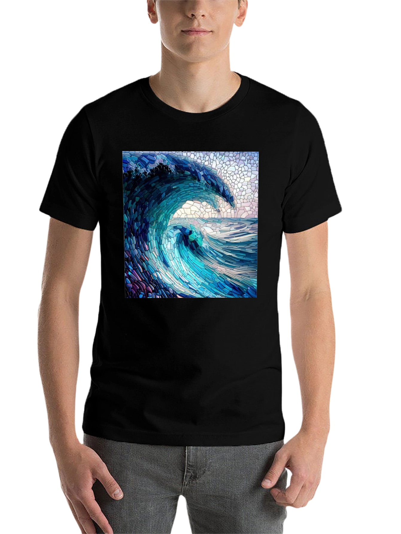 Black Ocean Wave Mosaic Graphic Tee - Unique Design view 7