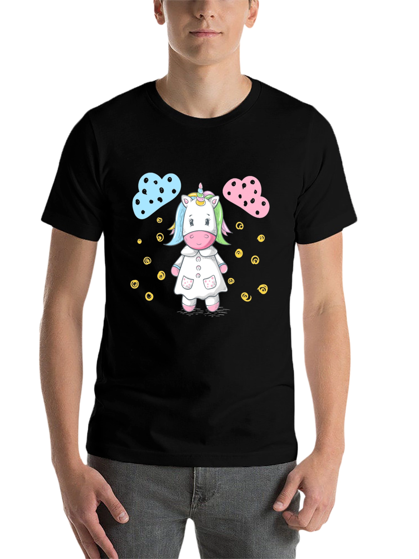 Black Cute Unicorn Cartoon Print Black T-Shirt view 7