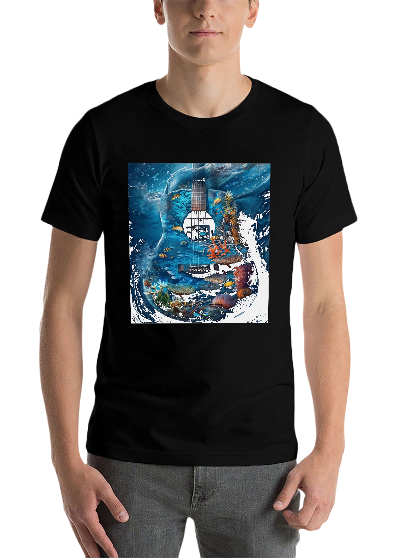 Black Underwater Guitar Graphic T-Shirt view 7