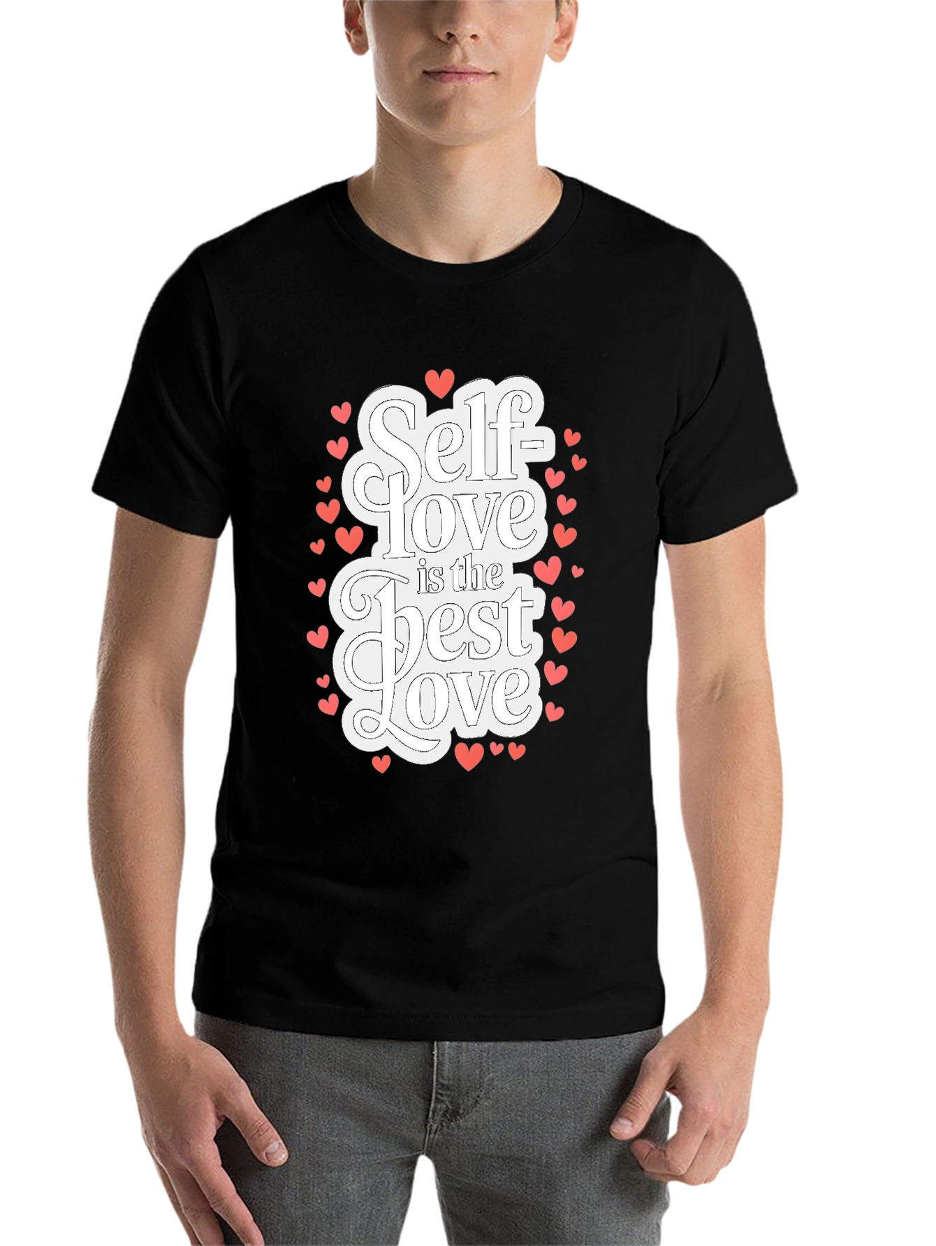 Black Self Love T-Shirt - Black Cotton Tee with Heart Accents view 7