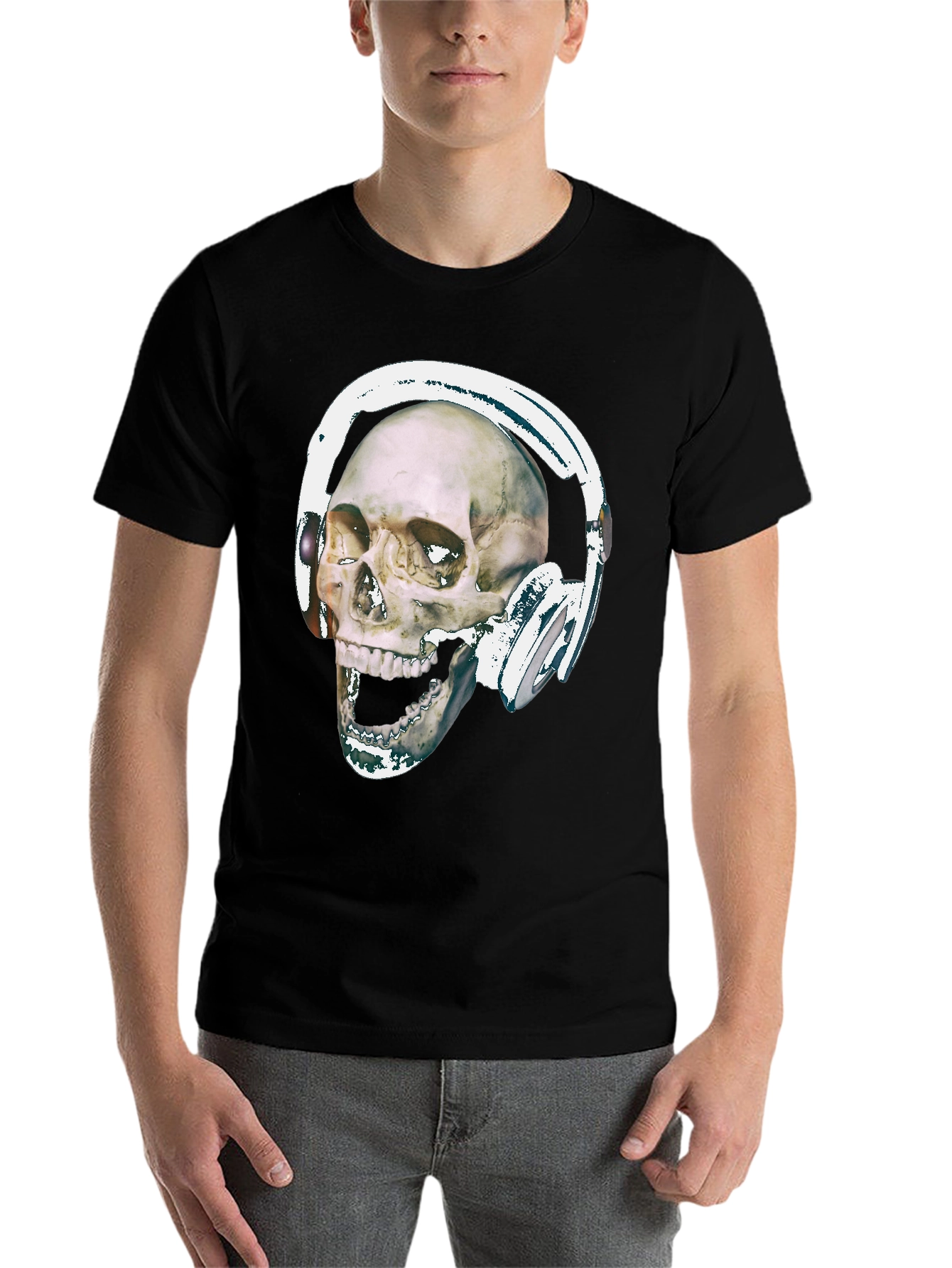 Black Skull With Headphones Graphic Tee - Black Cotton view 7