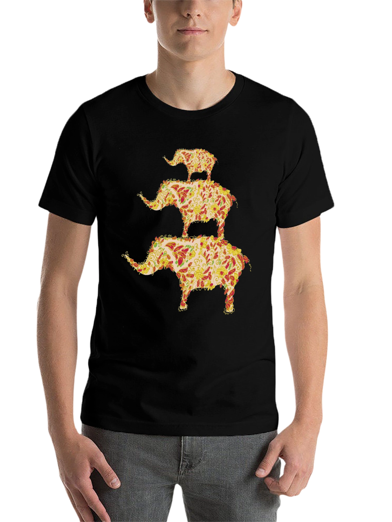Black Elephant Stack Graphic Tee - Unique Men's Black T-Shirt view 7