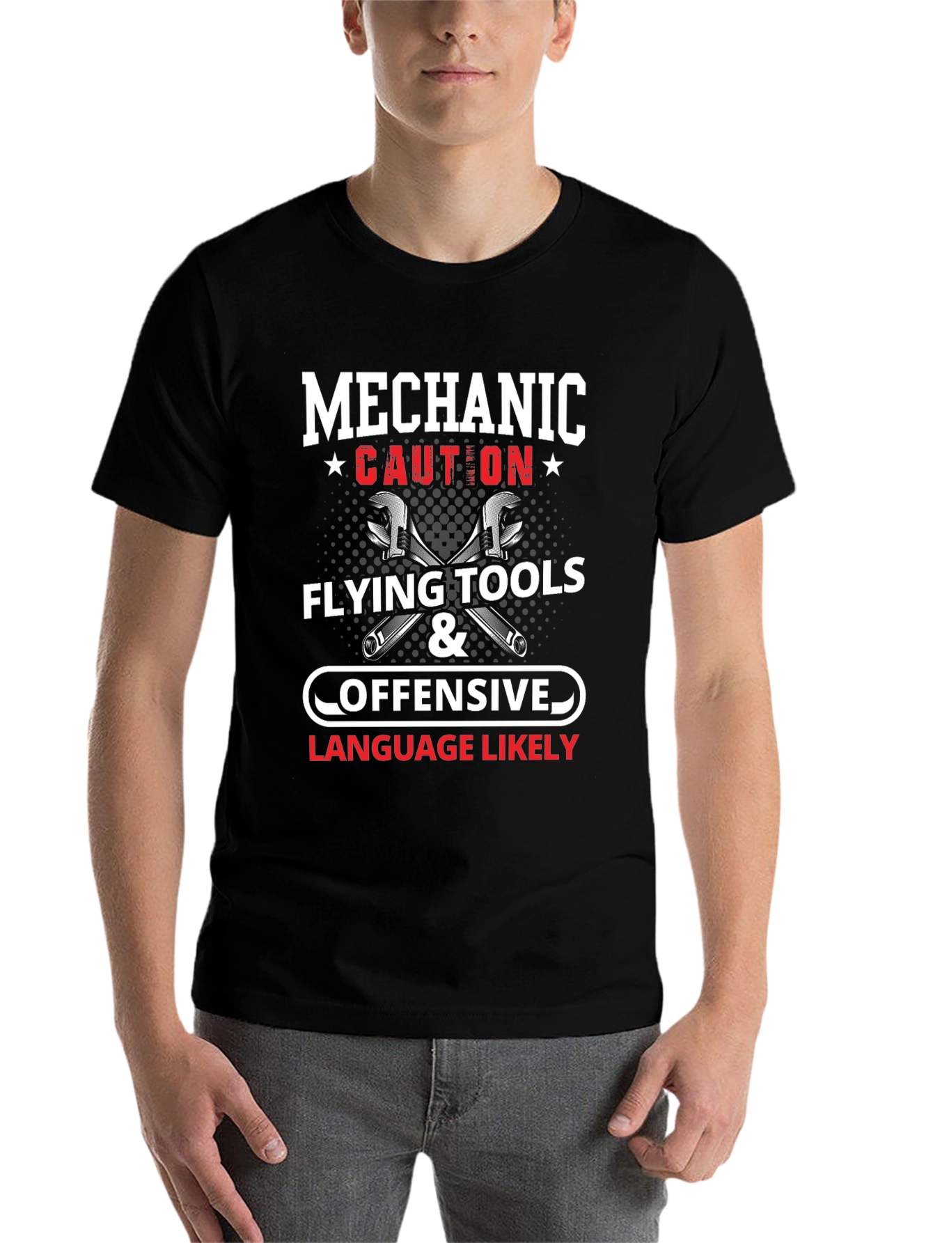 Black Mechanic Caution Flying Tools & Offensive Language Likely T-Shirt view 7