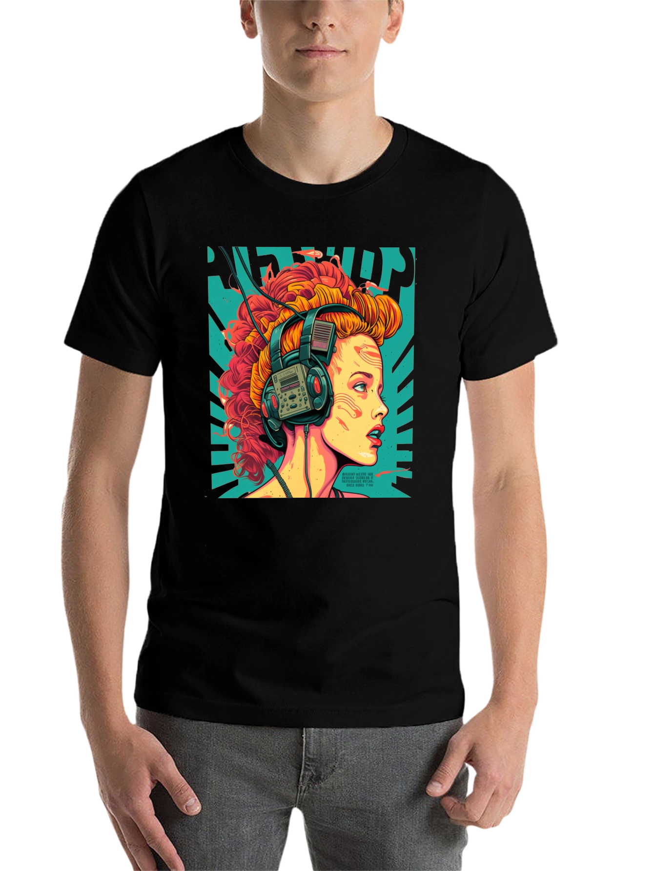 Black Retro Headphones Graphic T-Shirt view 7