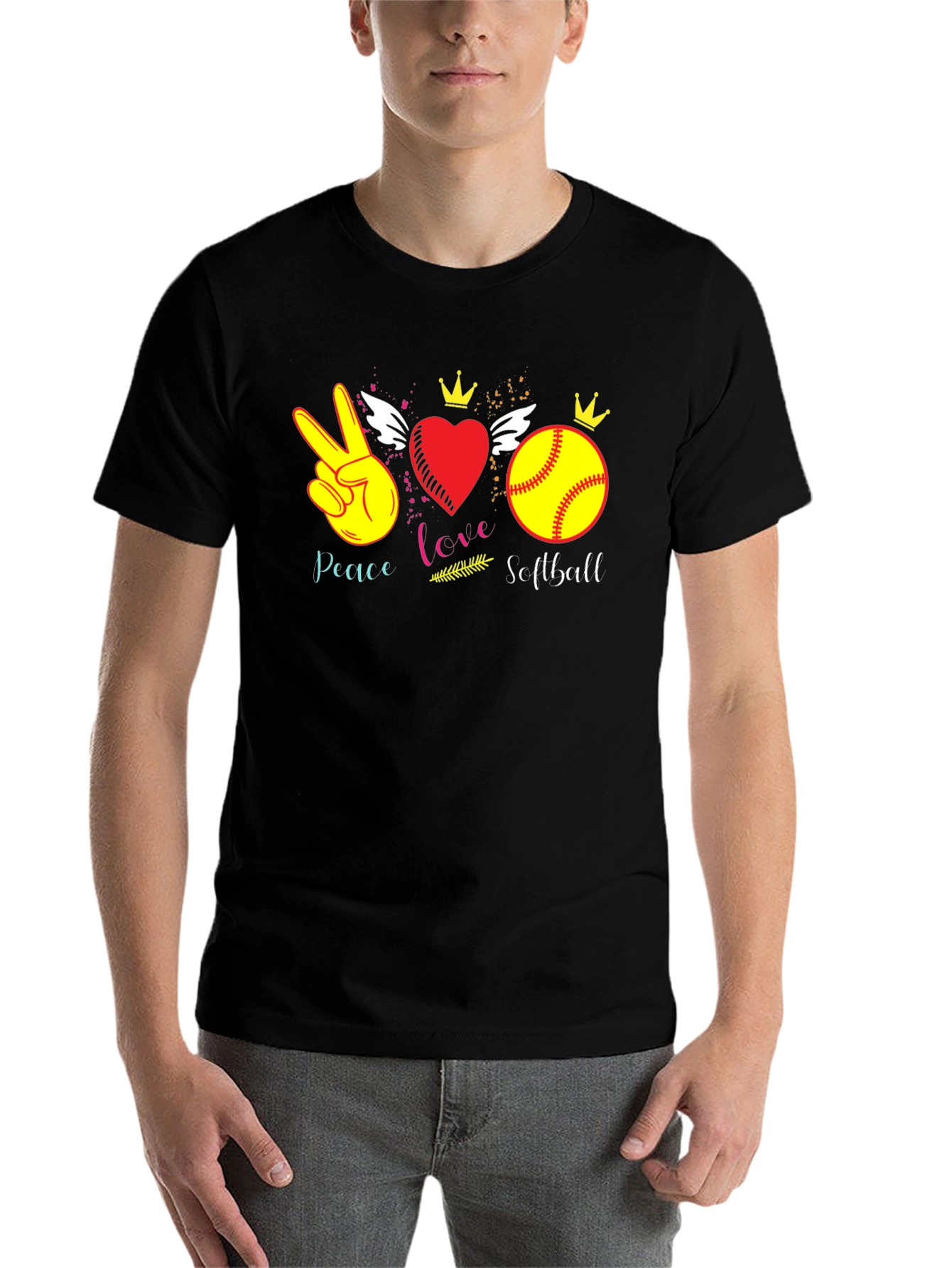 Black Peace Love Softball T-Shirt view 7