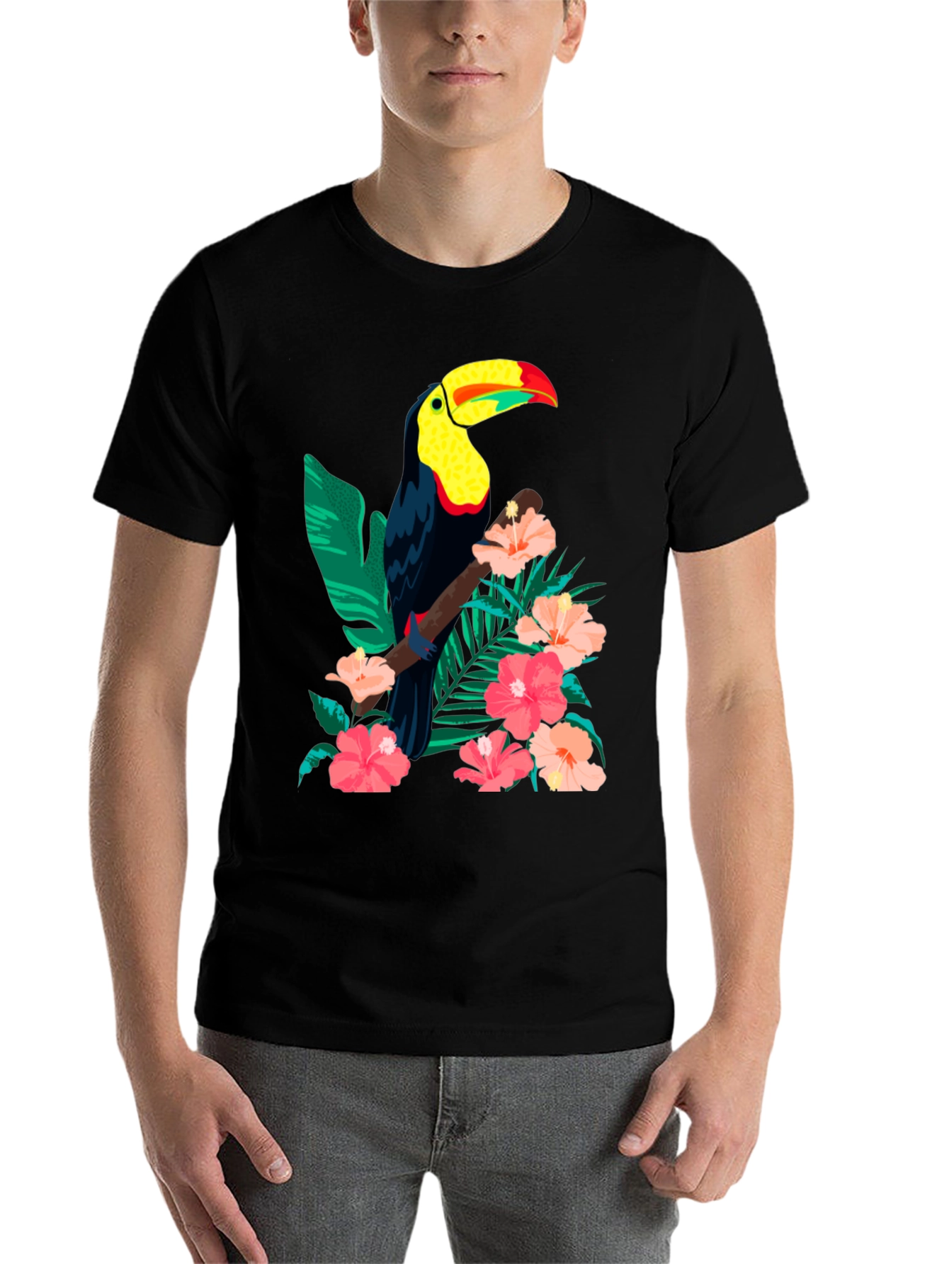 Black Toucan & Floral Print Black T-Shirt view 7